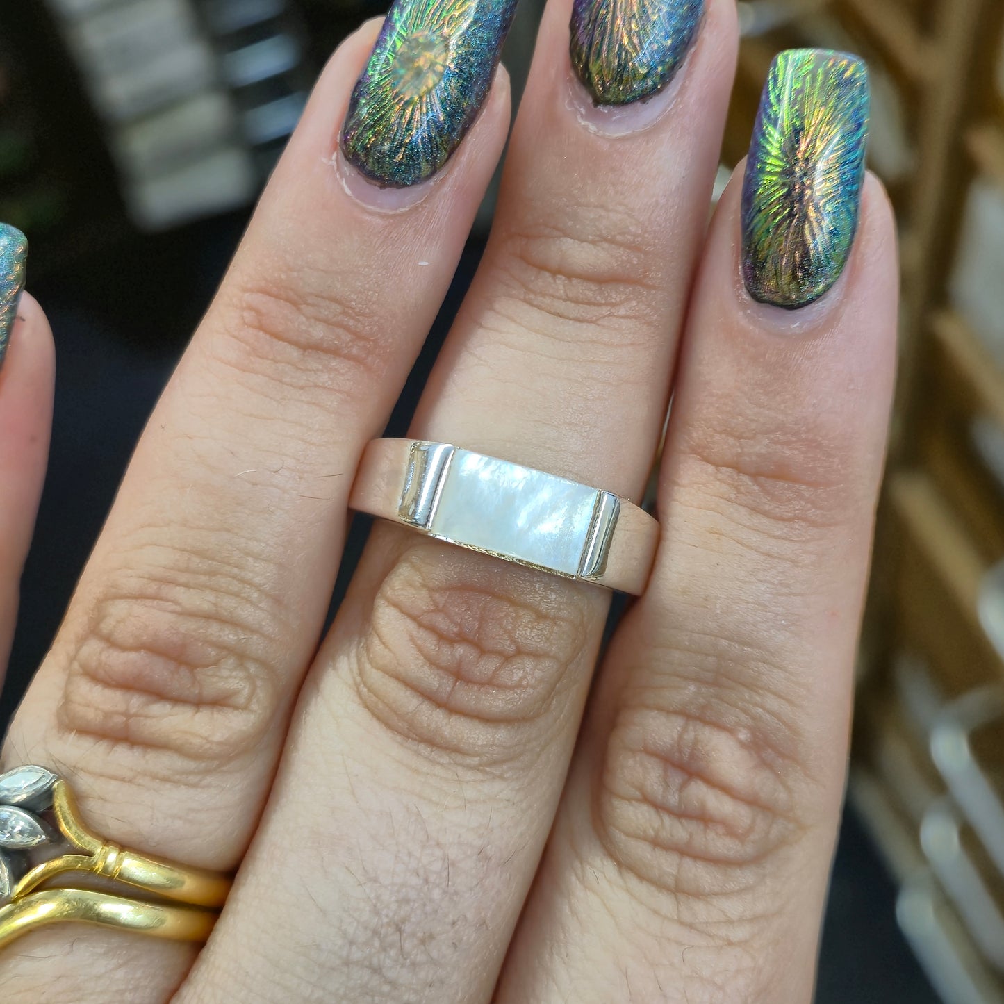 Sterling Silver Chunky Mother Of Pearl Band Ring