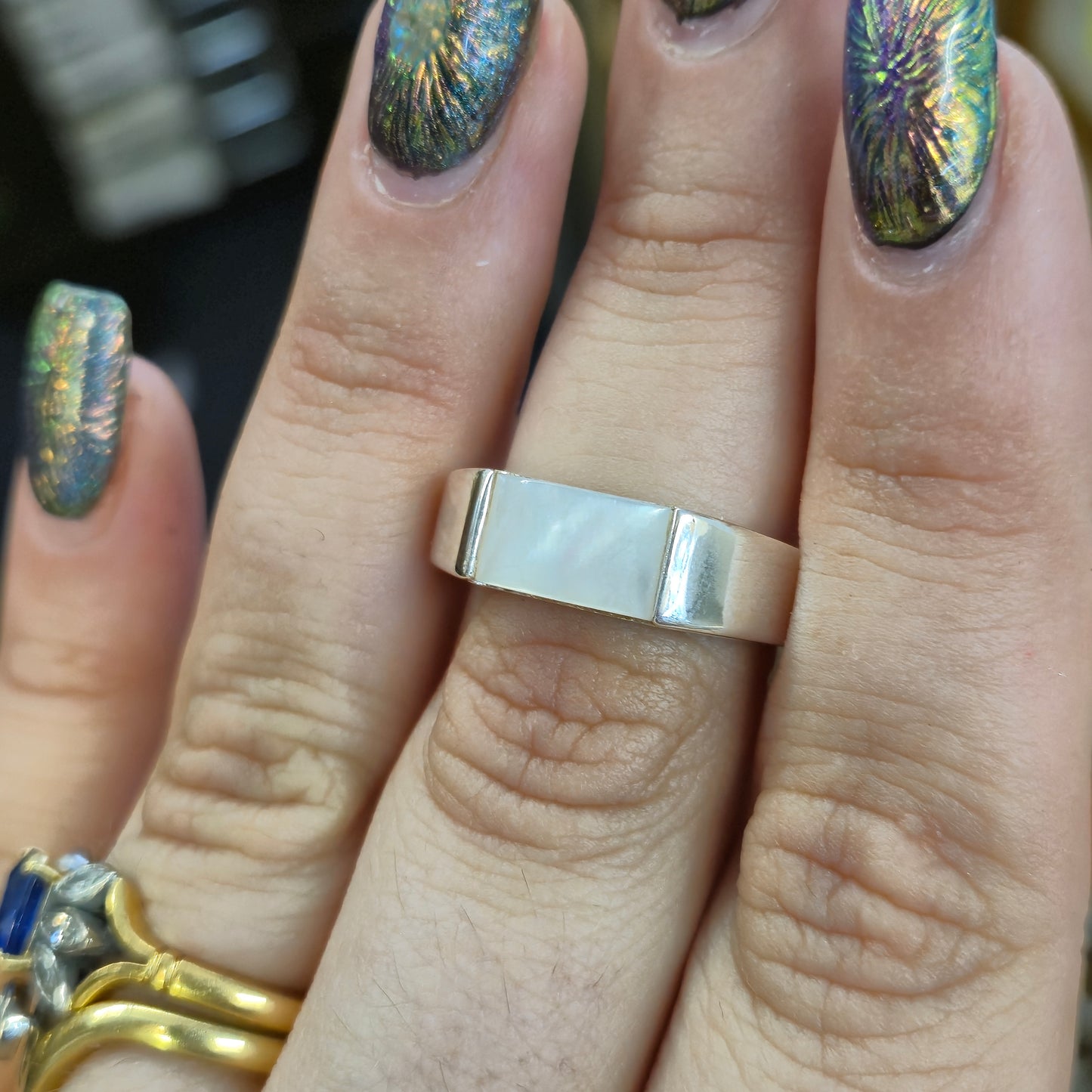 Sterling Silver Chunky Mother Of Pearl Band Ring