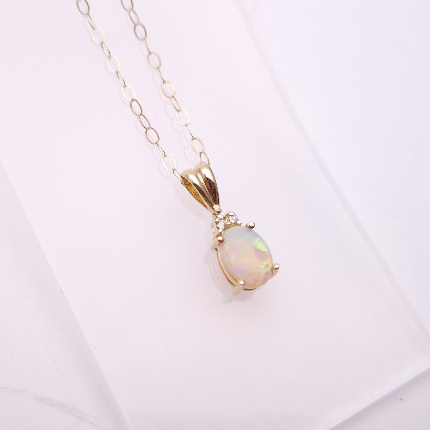 14ct Yellow Gold Opal and Diamond Pendant and 9ct Gold Chain Necklace