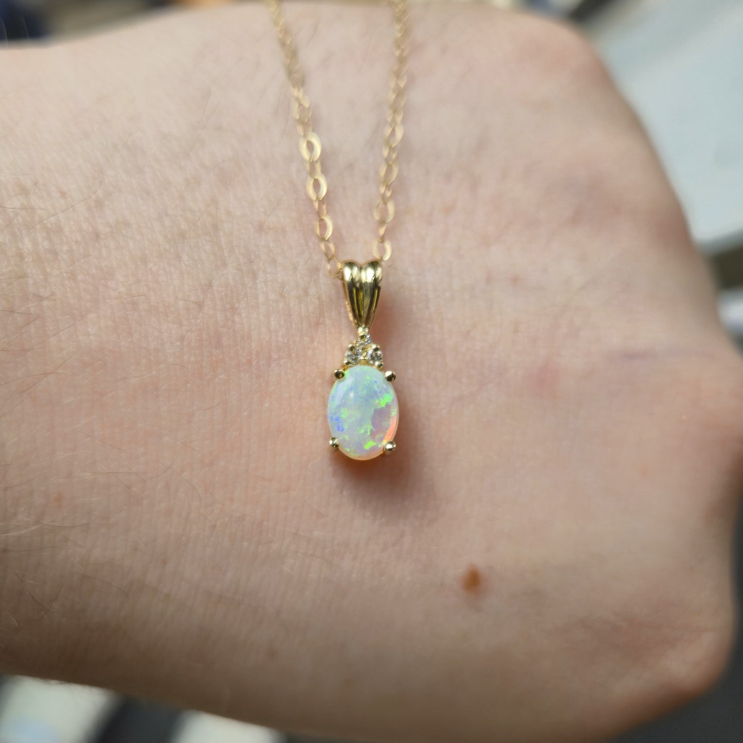 14ct Yellow Gold Opal and Diamond Pendant and 9ct Gold Chain Necklace