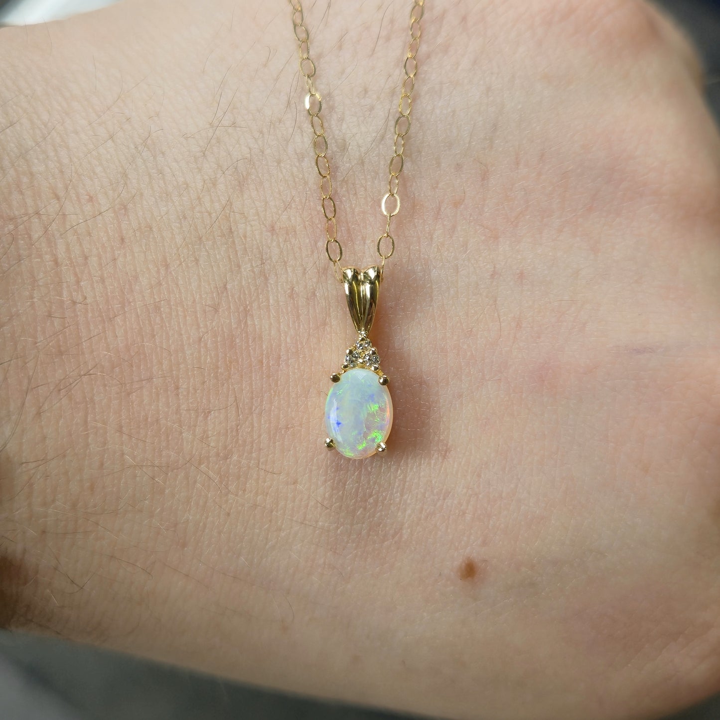 14ct Yellow Gold Opal and Diamond Pendant and 9ct Gold Chain Necklace