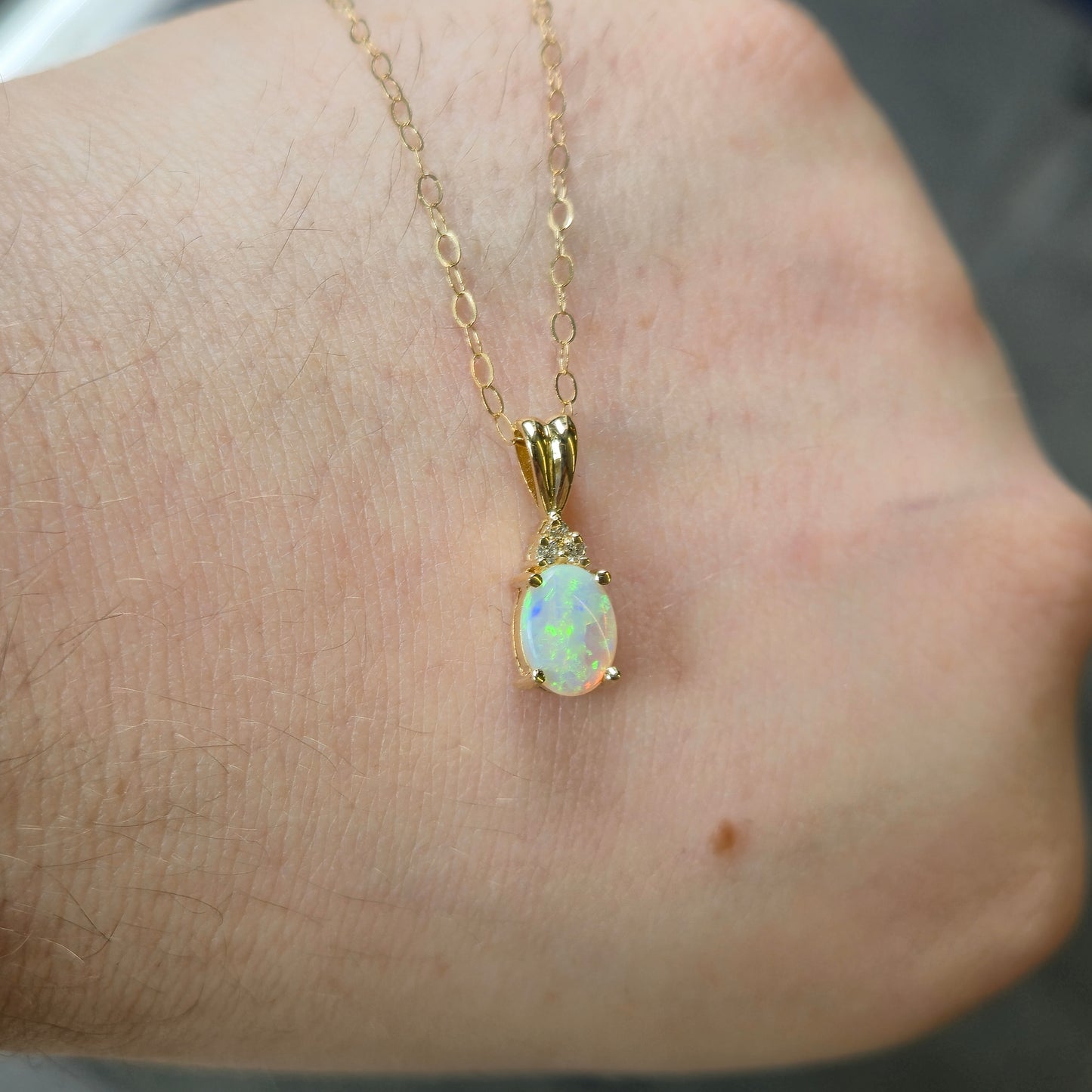 14ct Yellow Gold Opal and Diamond Pendant and 9ct Gold Chain Necklace