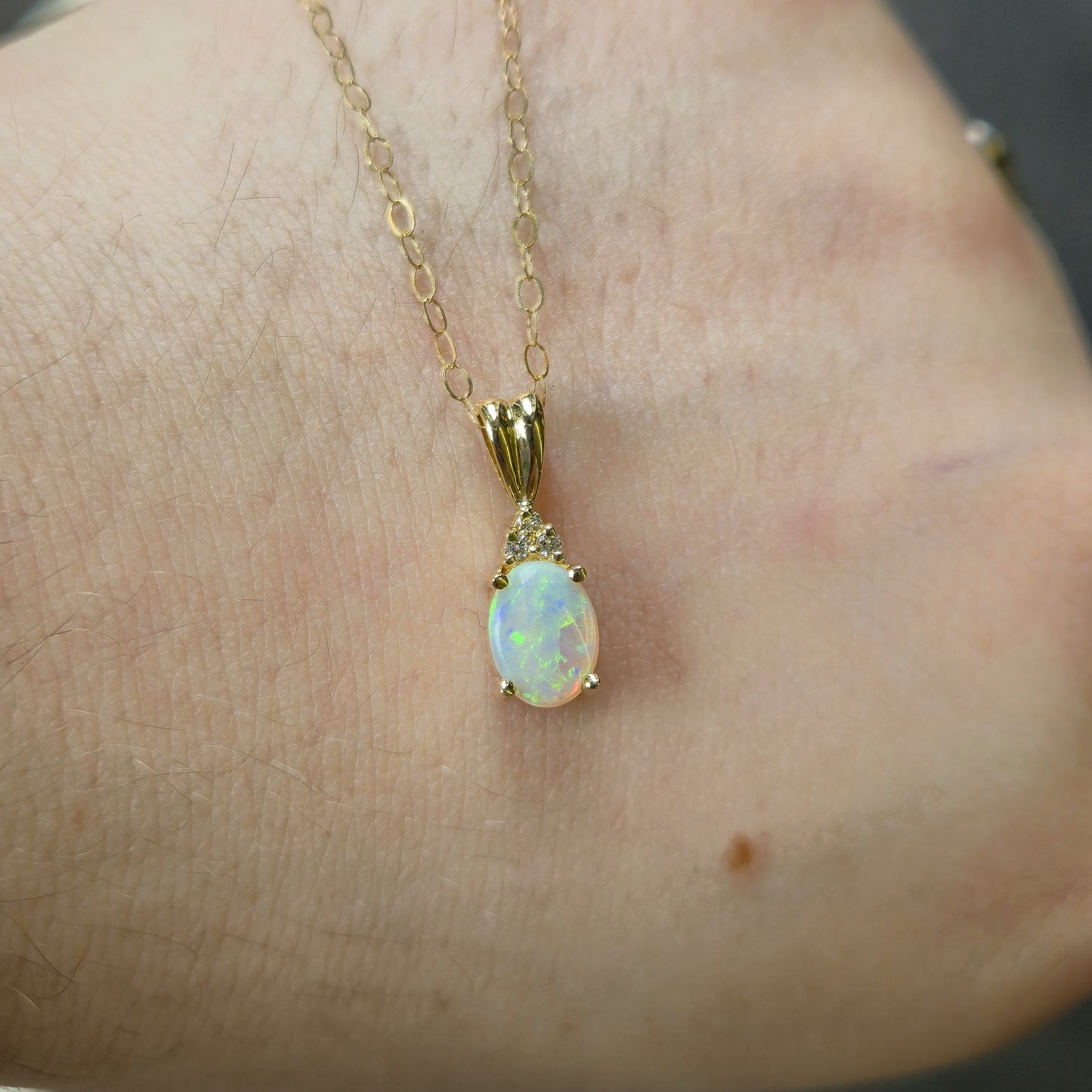 14ct Yellow Gold Opal and Diamond Pendant and 9ct Gold Chain Necklace