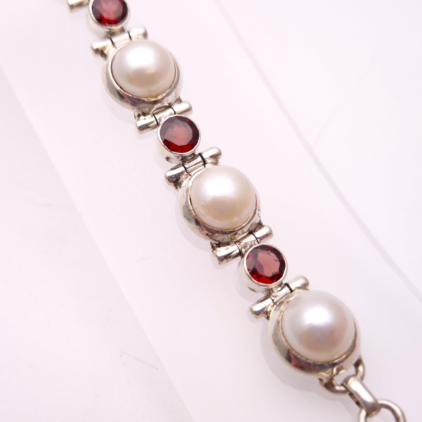 Sterling Silver Chunky Pearl and Garnet Set Link T-Bar Bracelet