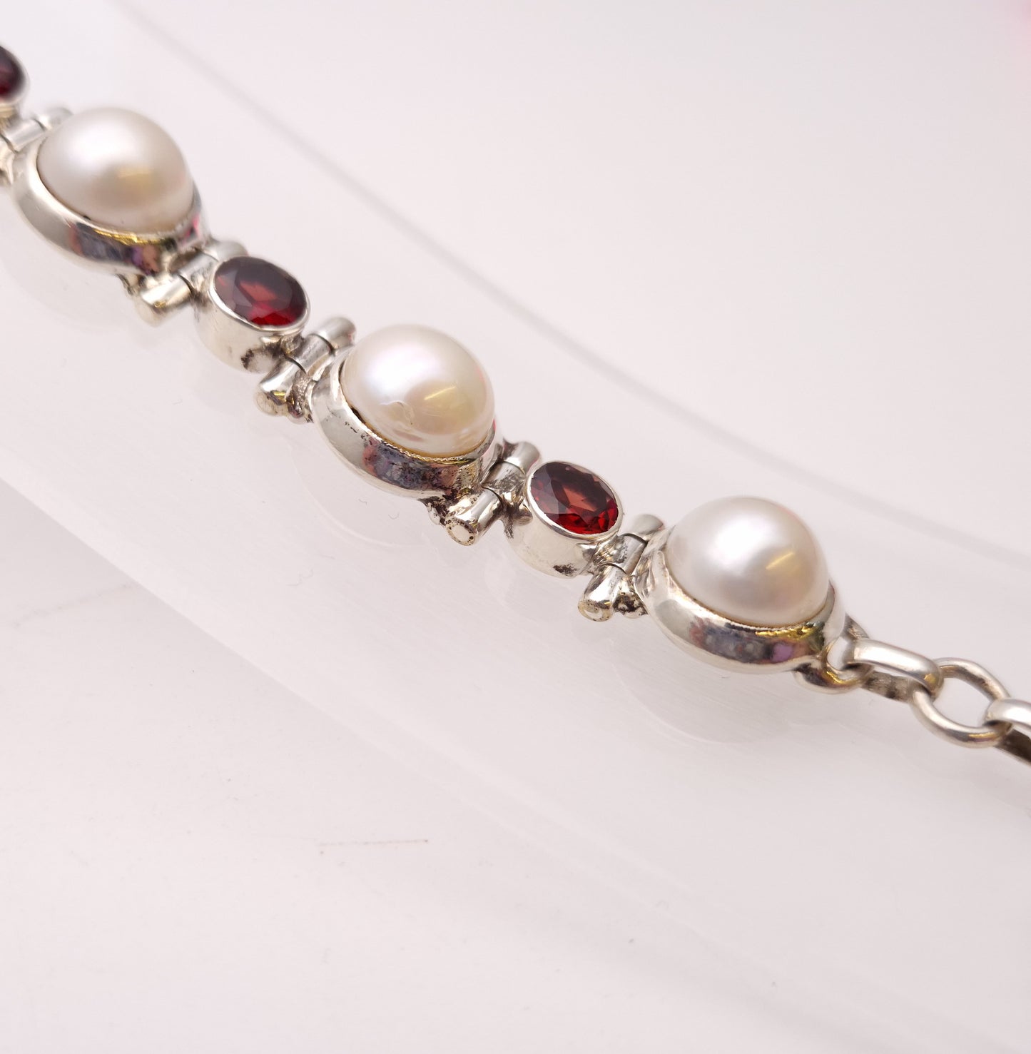 Sterling Silver Chunky Pearl and Garnet Set Link T-Bar Bracelet
