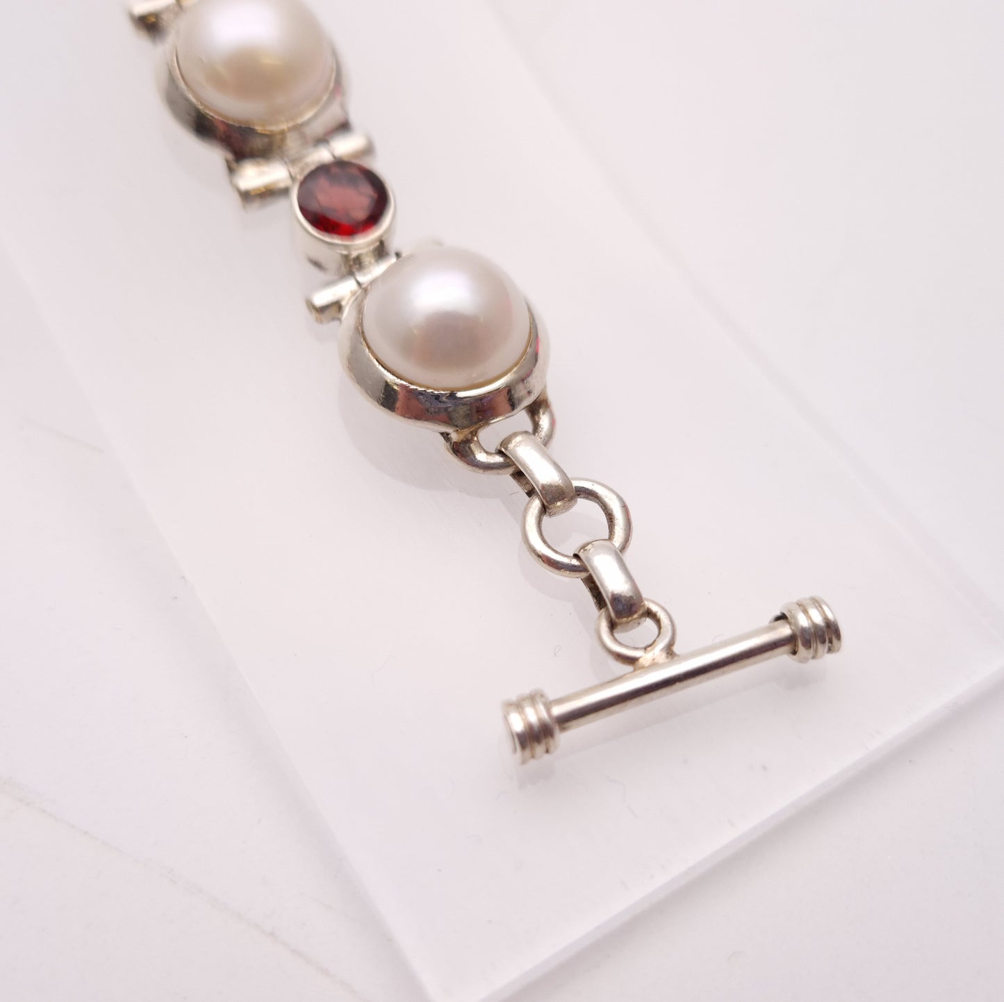 Sterling Silver Chunky Pearl and Garnet Set Link T-Bar Bracelet