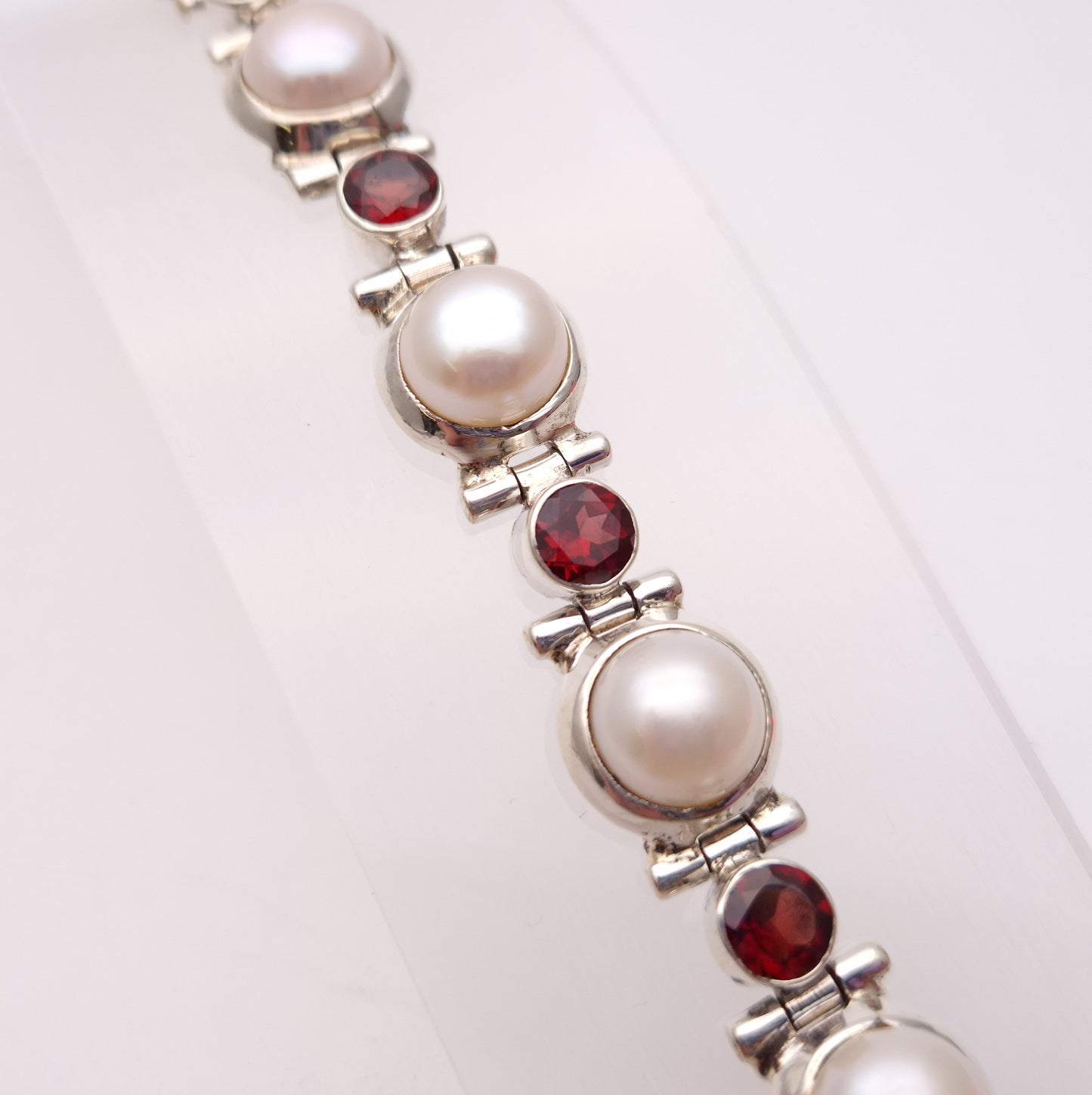 Sterling Silver Chunky Pearl and Garnet Set Link T-Bar Bracelet