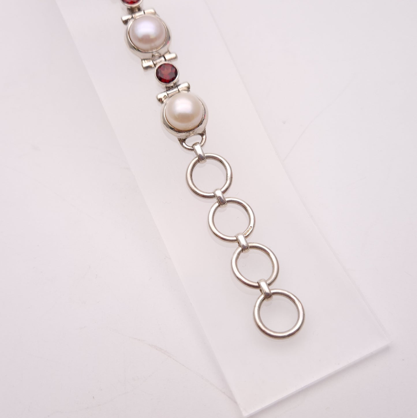 Sterling Silver Chunky Pearl and Garnet Set Link T-Bar Bracelet