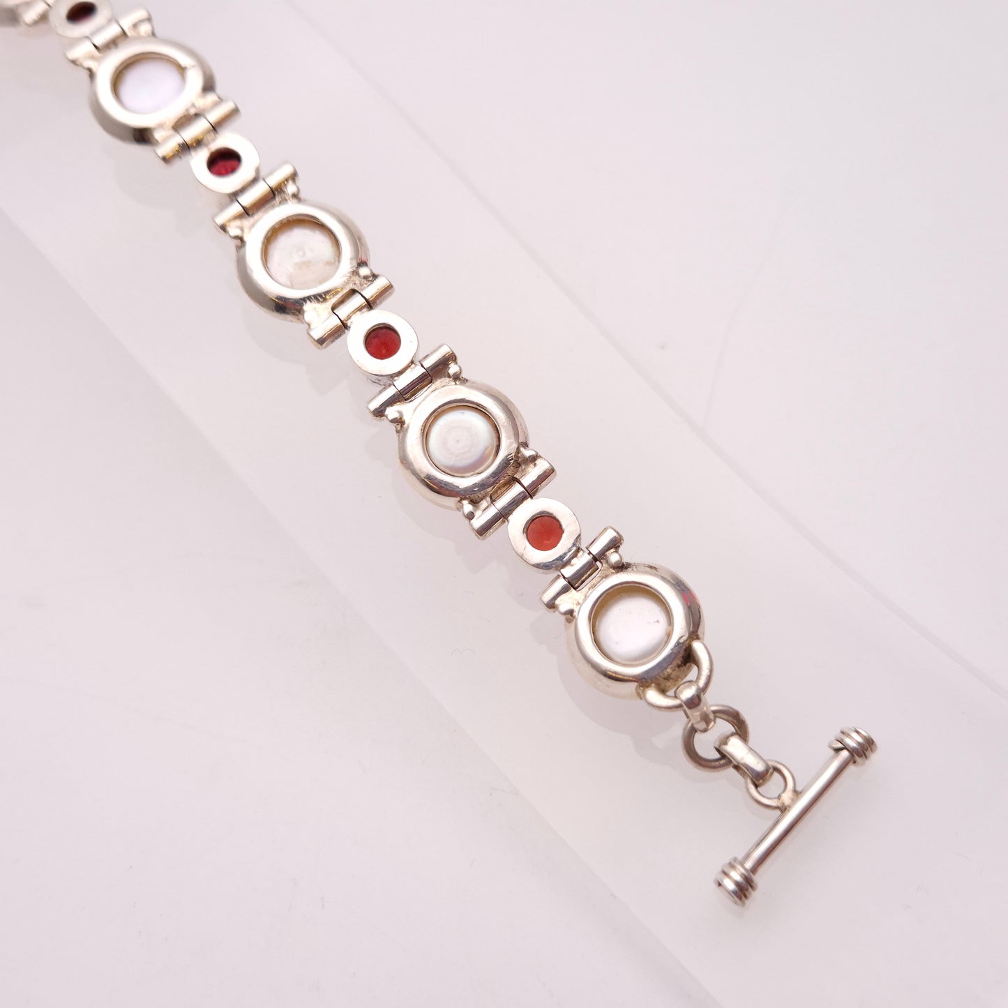 Sterling Silver Chunky Pearl and Garnet Set Link T-Bar Bracelet