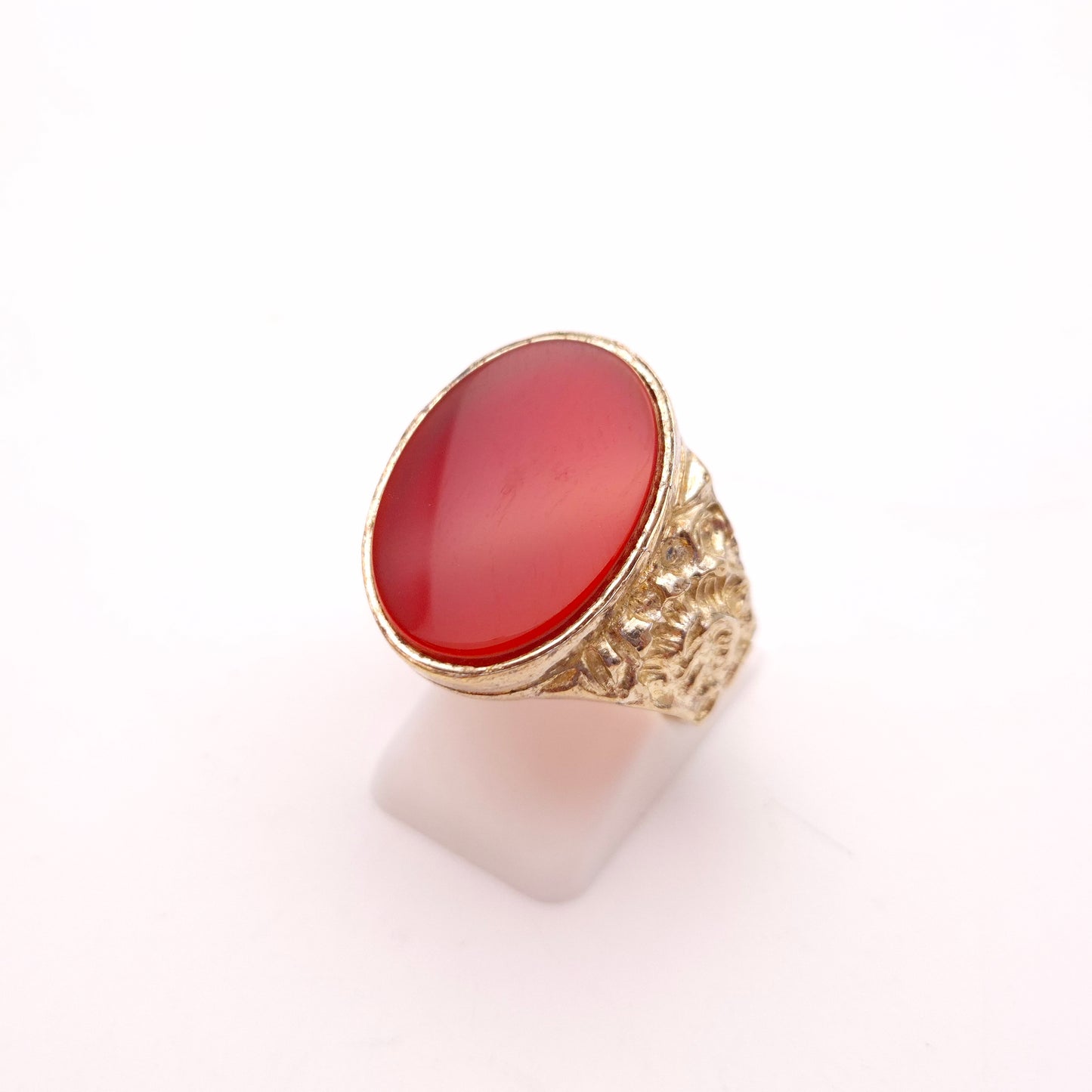 Silver Gilt Large Cornelian Oval Signet Style Patterned Shoulder Ring