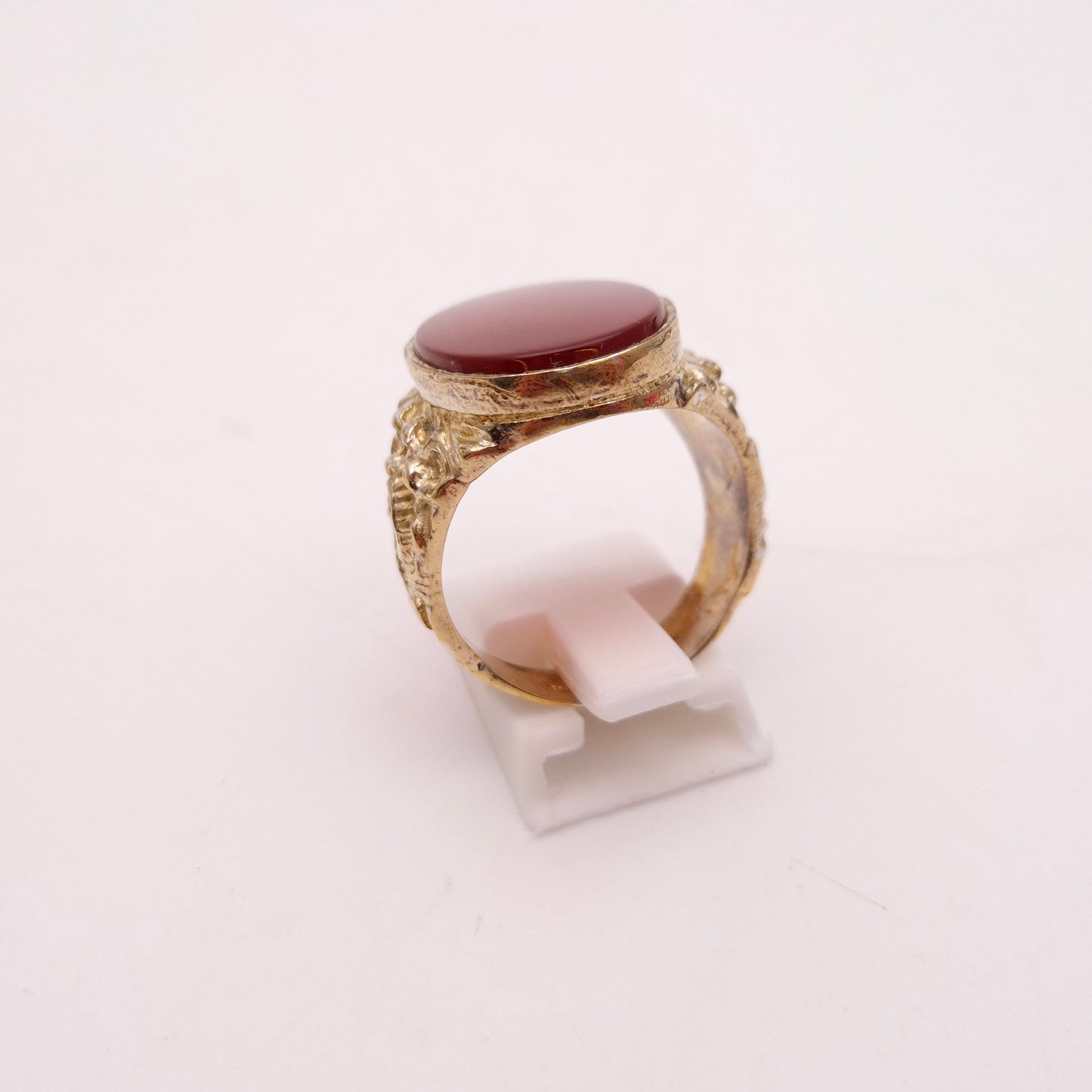 Silver Gilt Large Cornelian Oval Signet Style Patterned Shoulder Ring