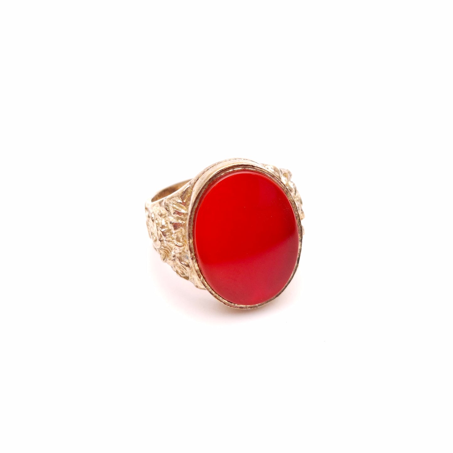 Silver Gilt Large Cornelian Oval Signet Style Patterned Shoulder Ring