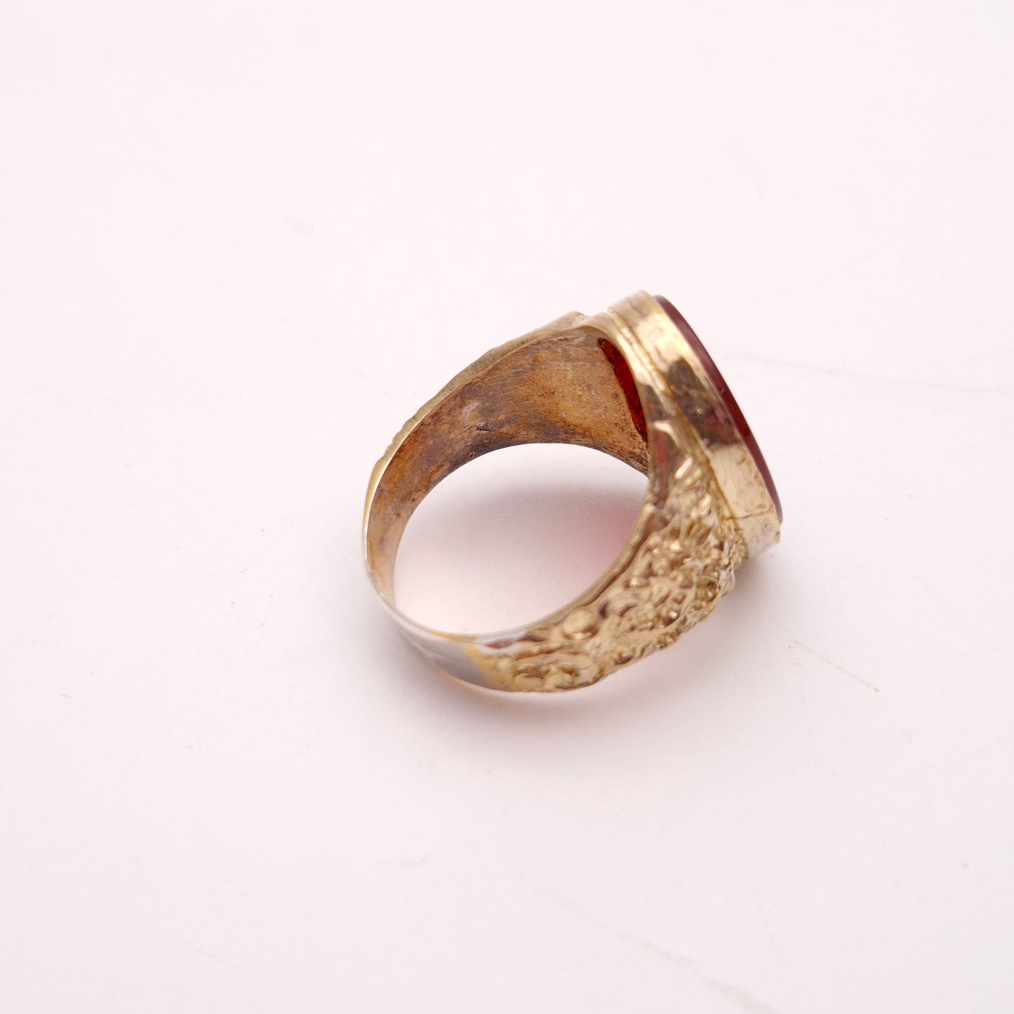 Silver Gilt Large Cornelian Oval Signet Style Patterned Shoulder Ring