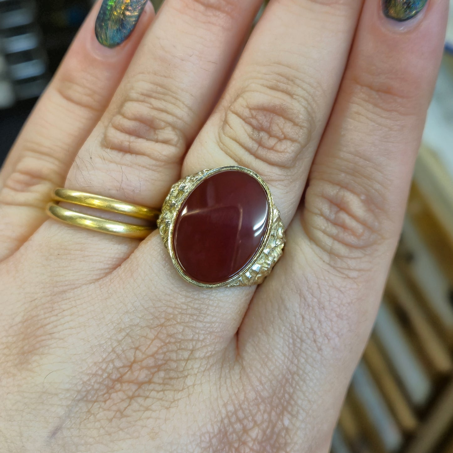 Silver Gilt Large Cornelian Oval Signet Style Patterned Shoulder Ring