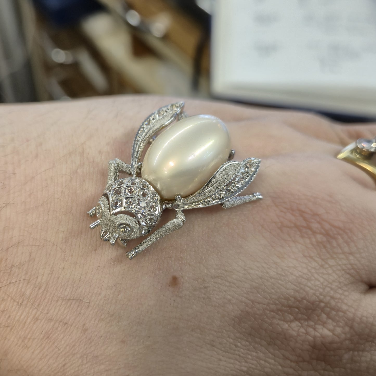 Sterling Silver Synthetic Pearl and CZ Cubic Zirconia Fly Brooch