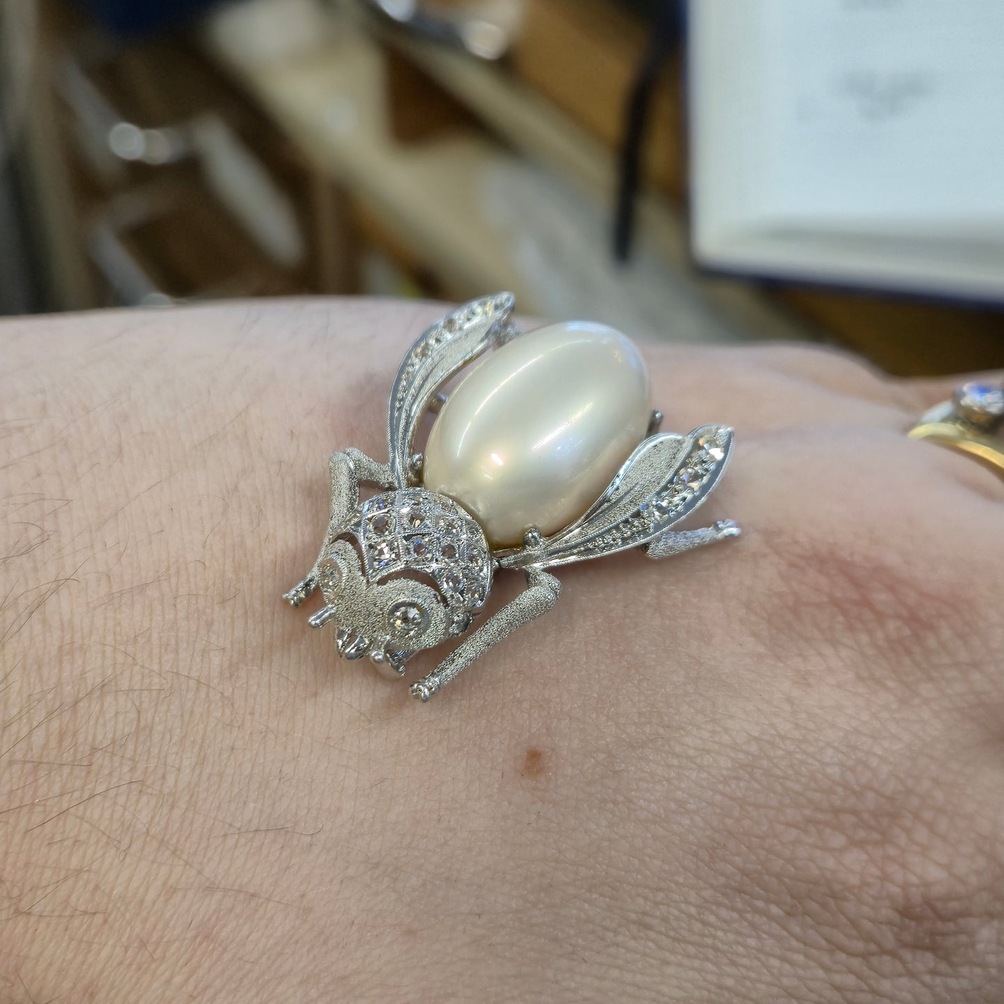 Sterling Silver Synthetic Pearl and CZ Cubic Zirconia Fly Brooch