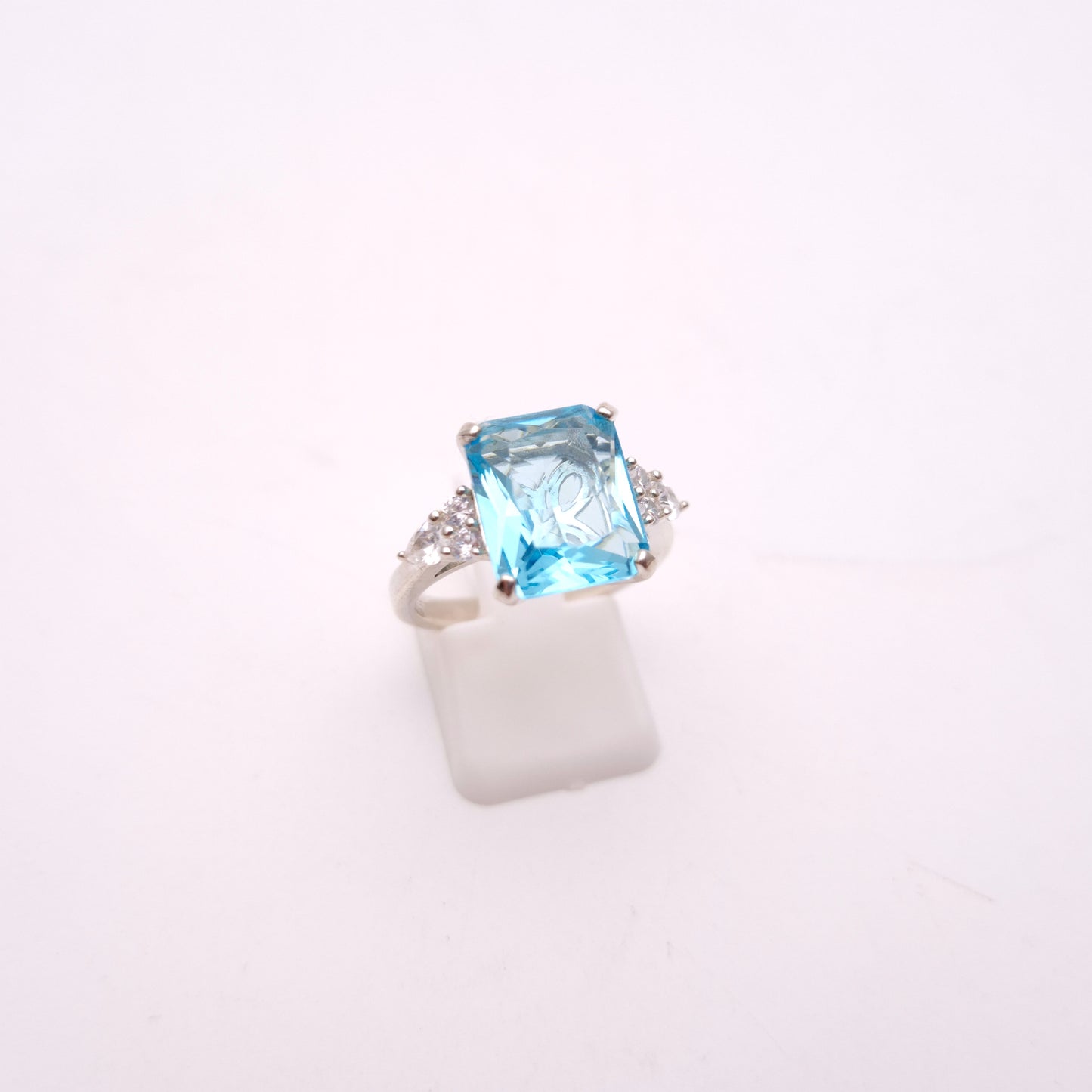 Sterling Silver Large Chunky Blue Paste Stone and CZ Trilogy Ring