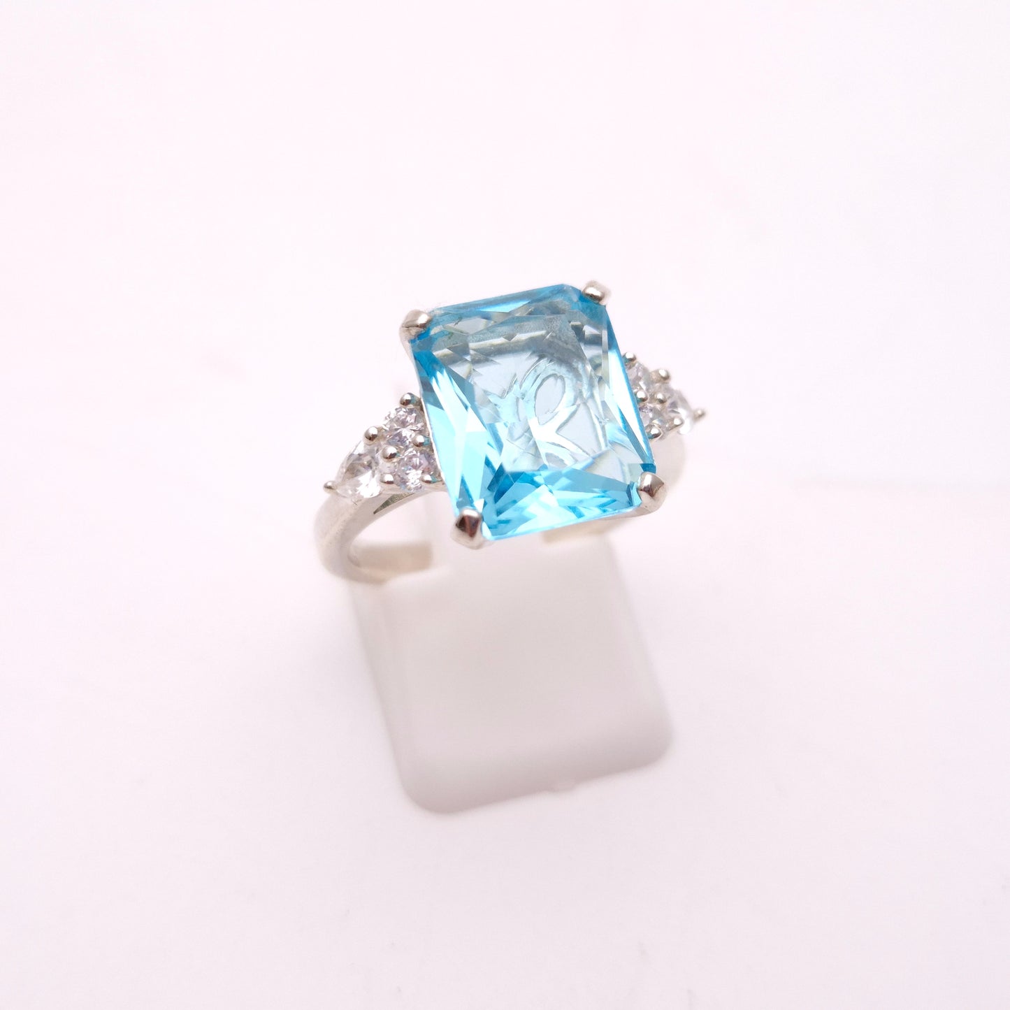 Sterling Silver Large Chunky Blue Paste Stone and CZ Trilogy Ring