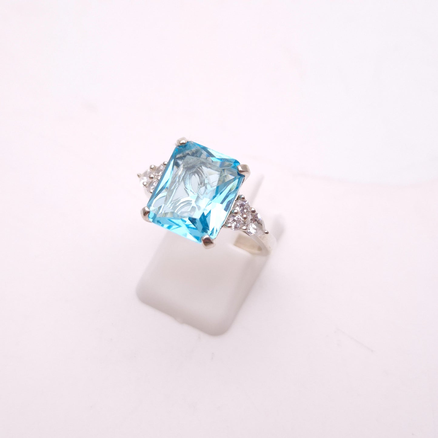 Sterling Silver Large Chunky Blue Paste Stone and CZ Trilogy Ring