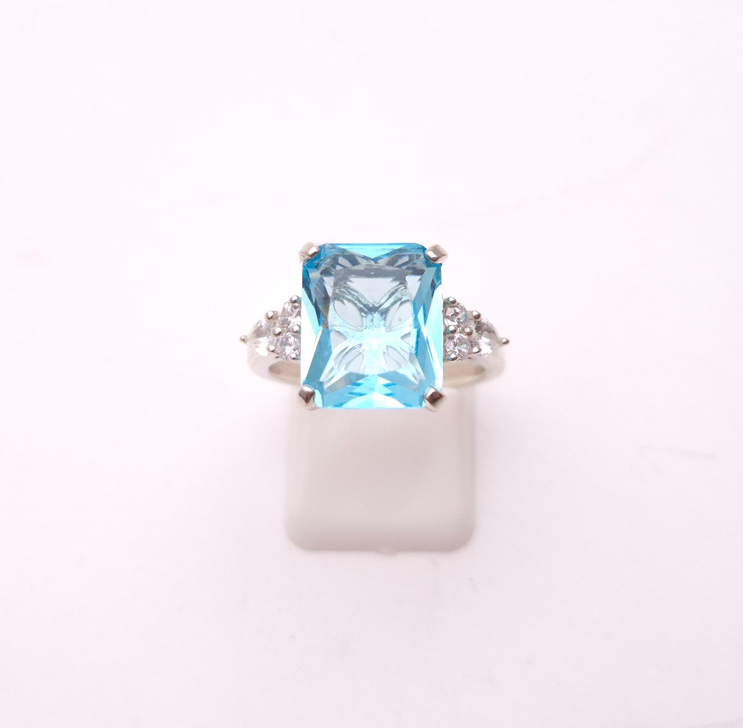 Sterling Silver Large Chunky Blue Paste Stone and CZ Trilogy Ring