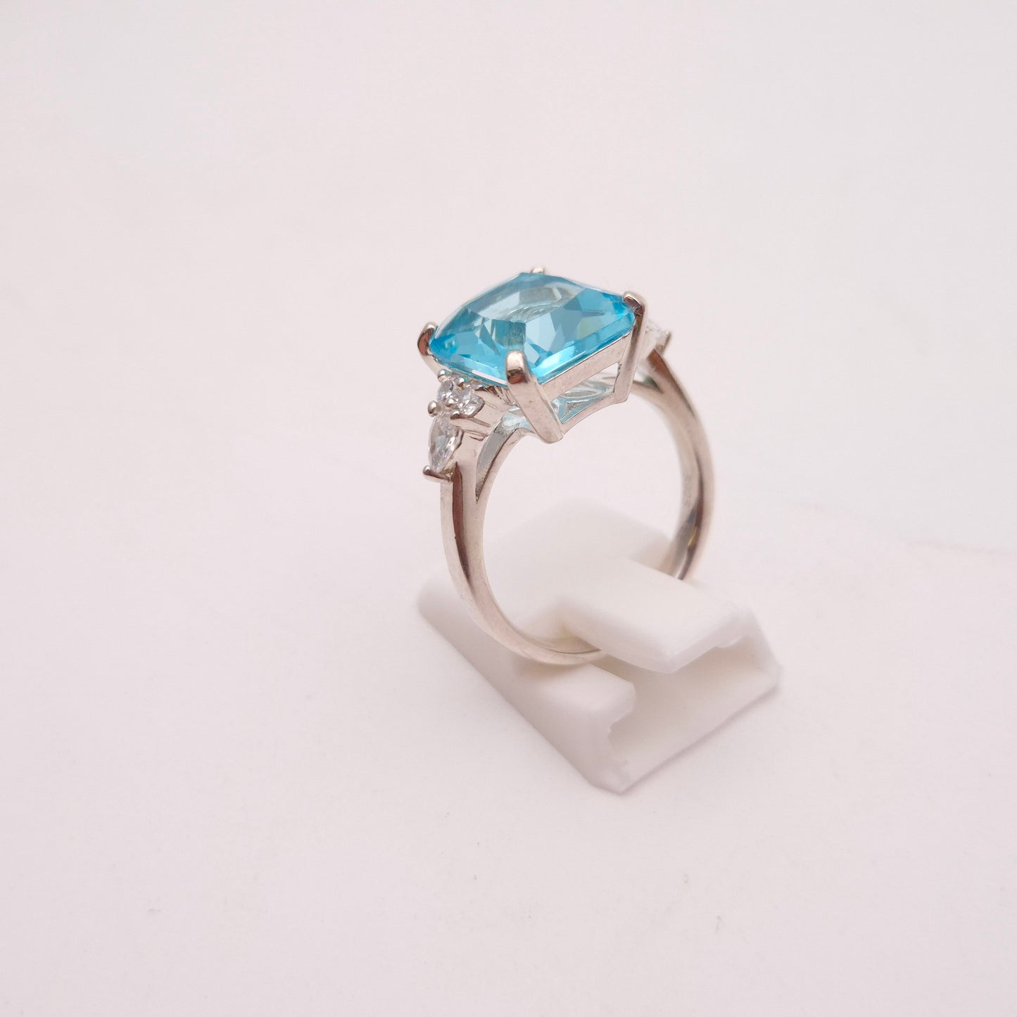 Sterling Silver Large Chunky Blue Paste Stone and CZ Trilogy Ring