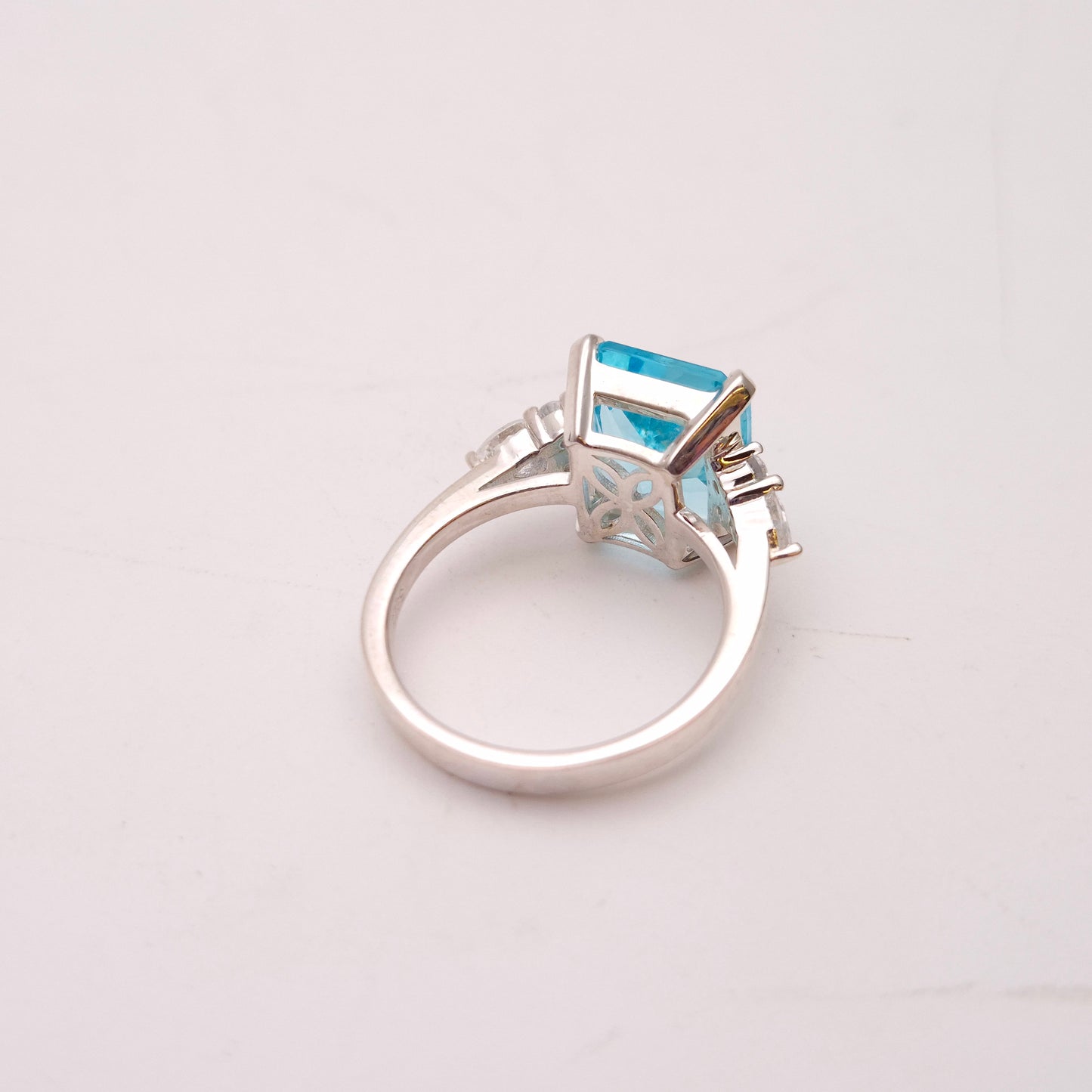 Sterling Silver Large Chunky Blue Paste Stone and CZ Trilogy Ring