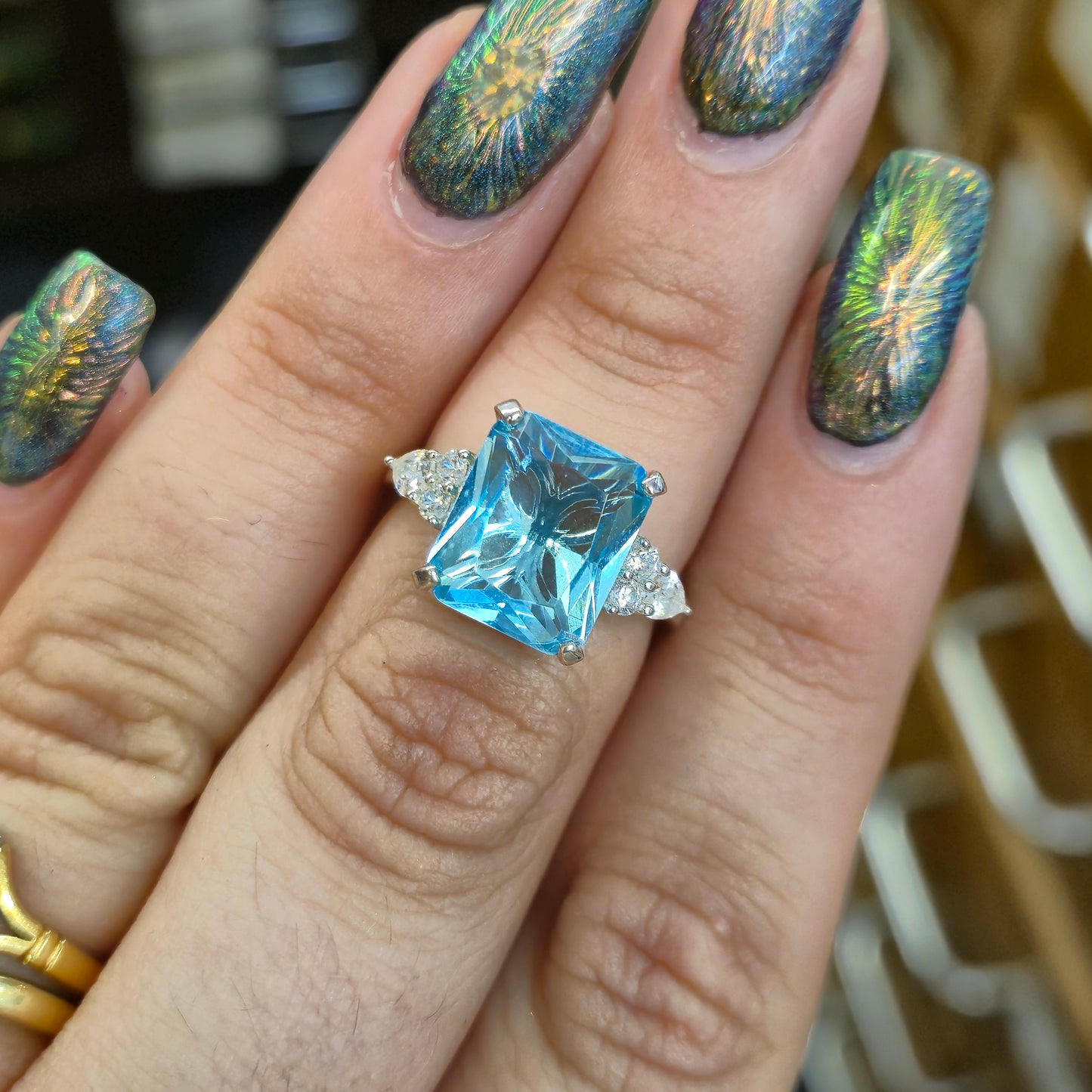 Sterling Silver Large Chunky Blue Paste Stone and CZ Trilogy Ring