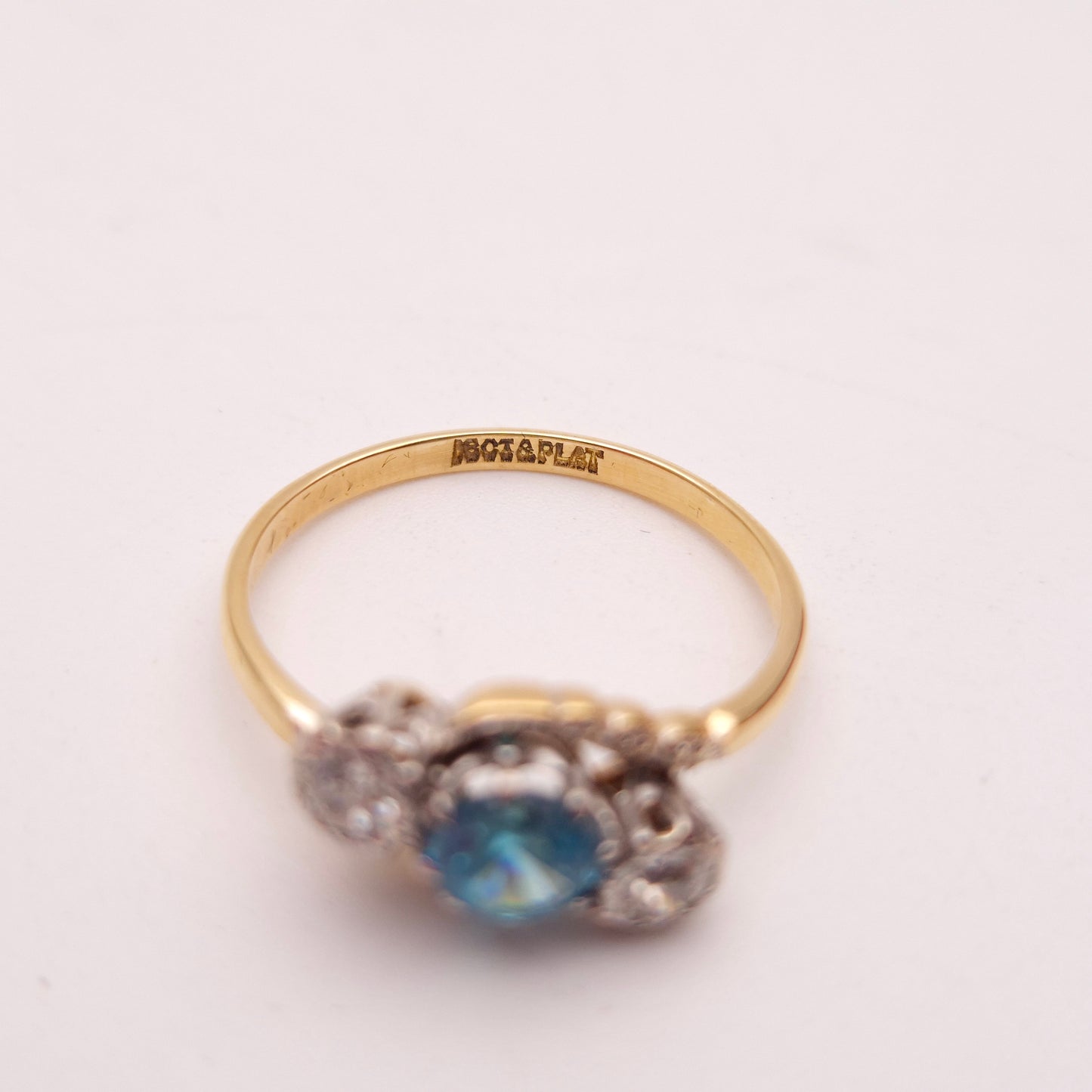 18ct Yellow Gold and Platinum Antique Blue Zircon and Diamond Trilogy Ring