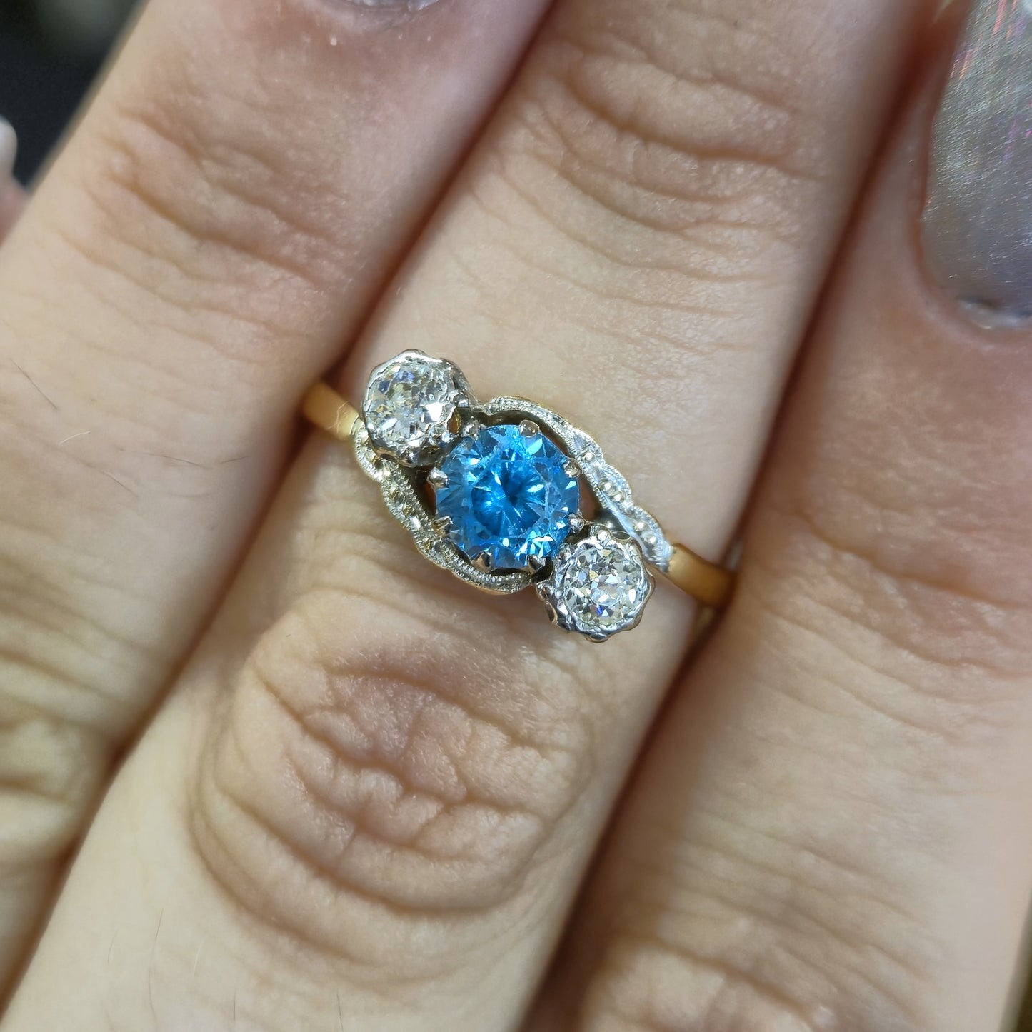 18ct Yellow Gold and Platinum Antique Blue Zircon and Diamond Trilogy Ring