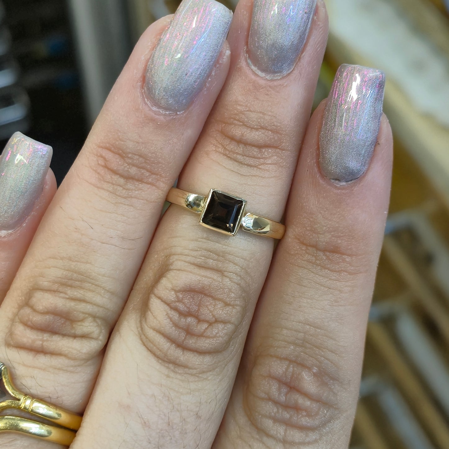 9ct Yellow Gold Princess Cut Square Smoky Quartz Solitaire Ring