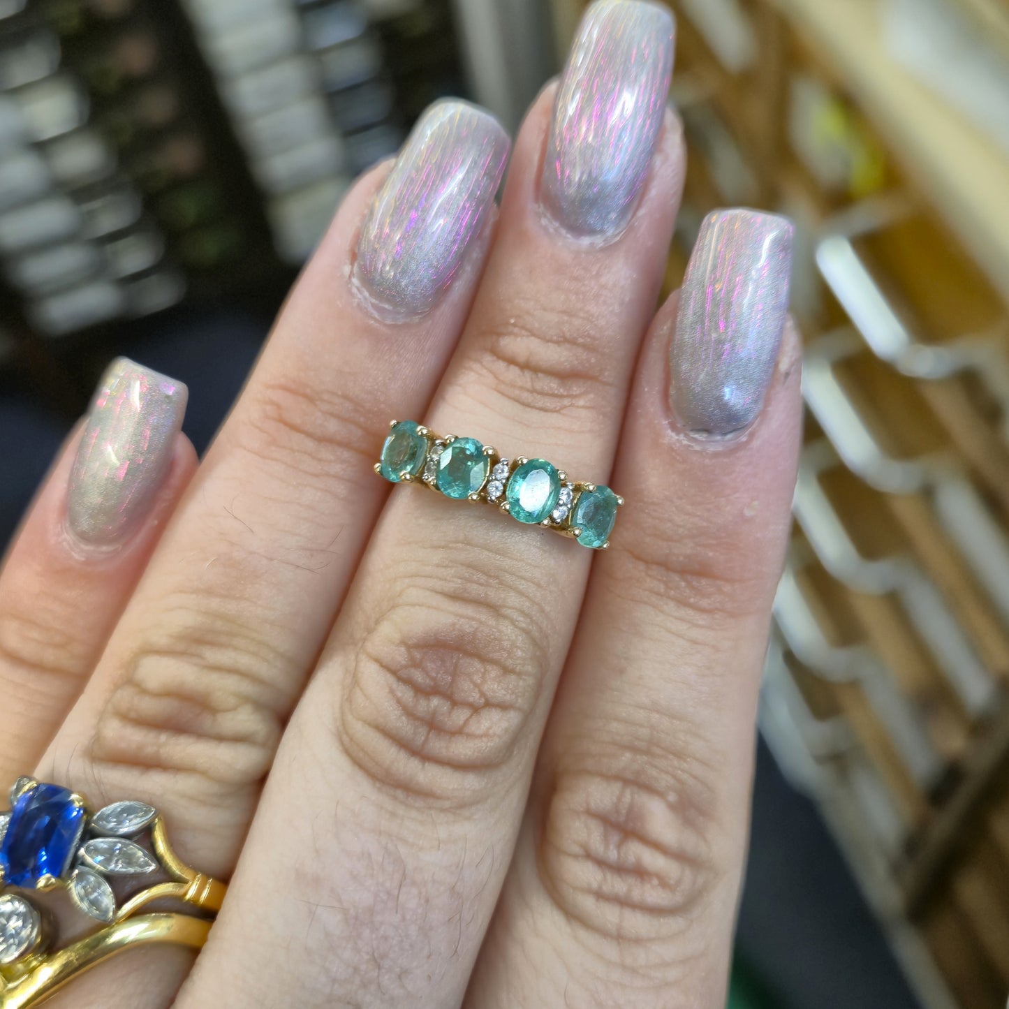 9ct Yellow Gold Emerald and Diamond 1/2 Eternity Row Ring