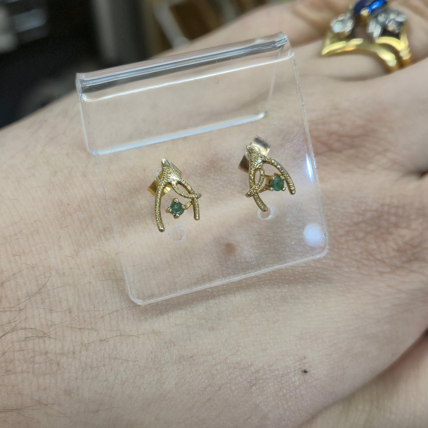 9ct Yellow Gold Emerald Set Wishbone Stud Earrings