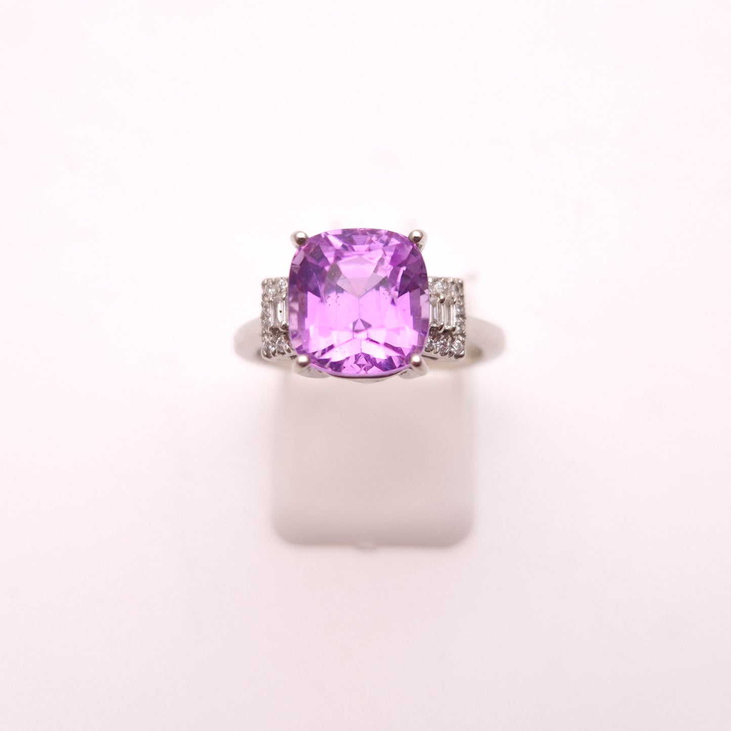 Platinum Kunzite Solitaire and Diamond Multi-Stone Shoulder Ring