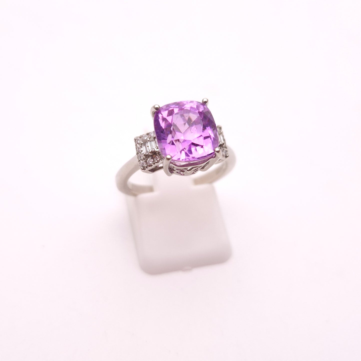 Platinum Kunzite Solitaire and Diamond Multi-Stone Shoulder Ring