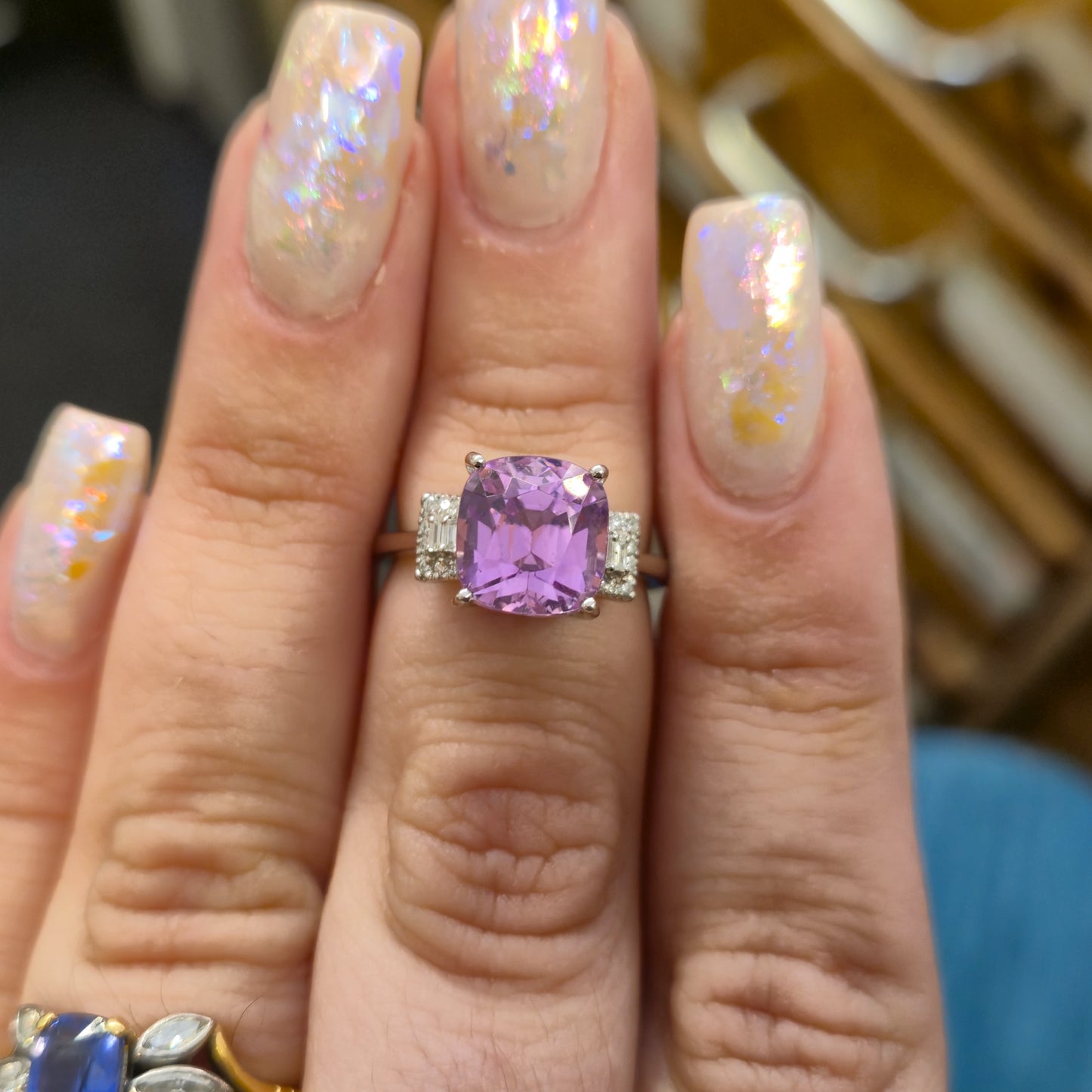 Platinum Kunzite Solitaire and Diamond Multi-Stone Shoulder Ring