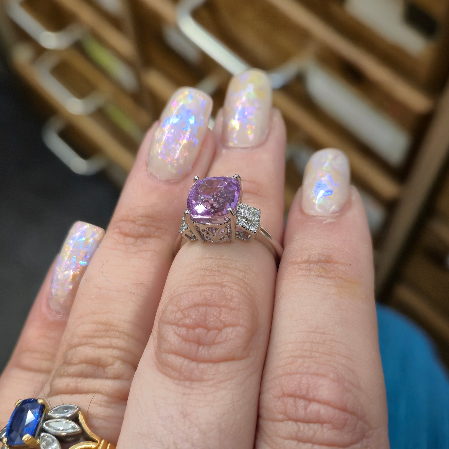 Platinum Kunzite Solitaire and Diamond Multi-Stone Shoulder Ring