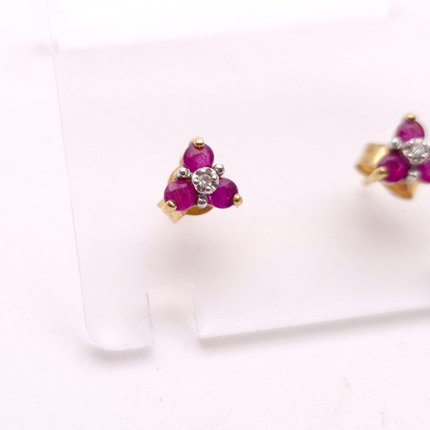 9ct Yellow Gold Ruby and Diamond Trefoil Stud Earrings