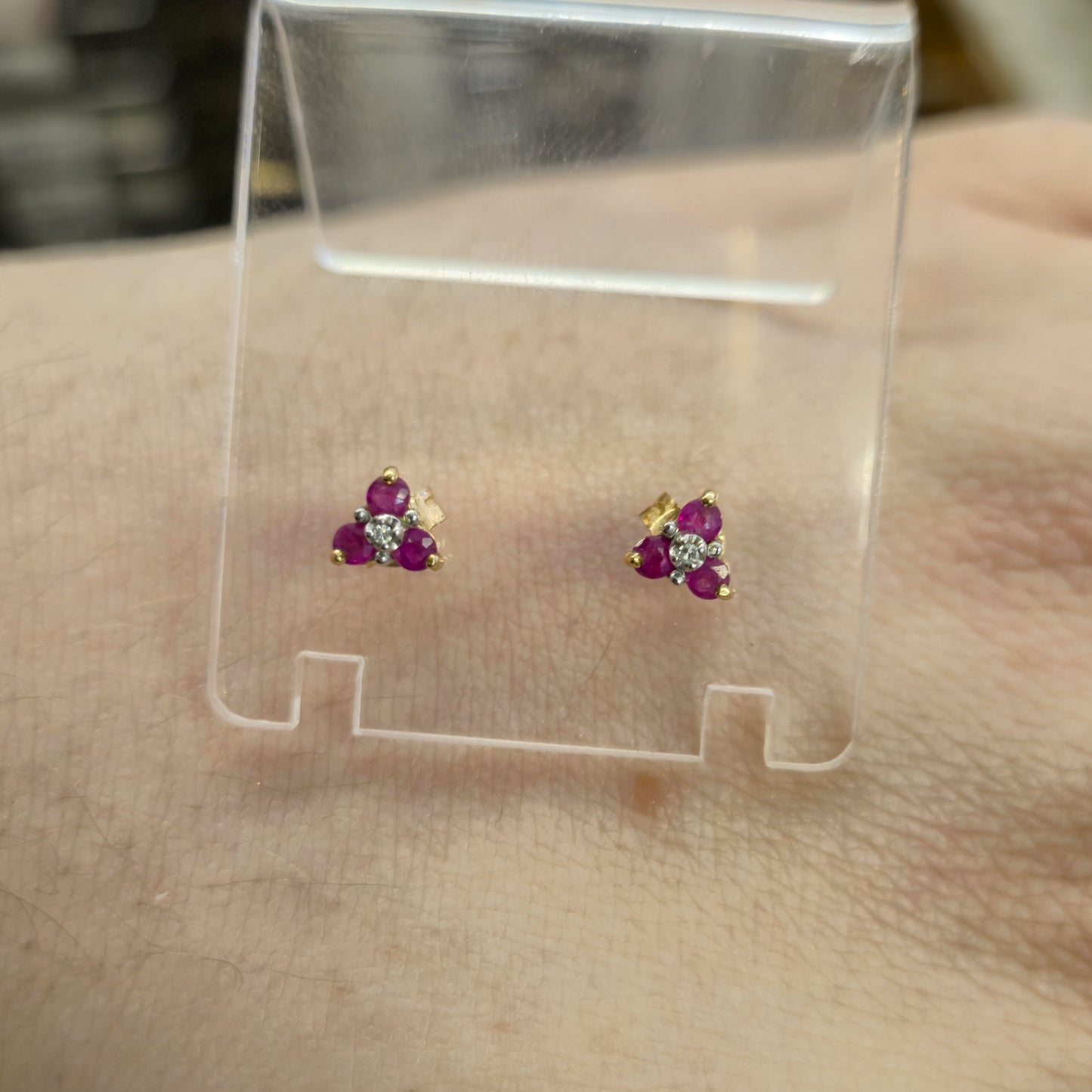 9ct Yellow Gold Ruby and Diamond Trefoil Stud Earrings