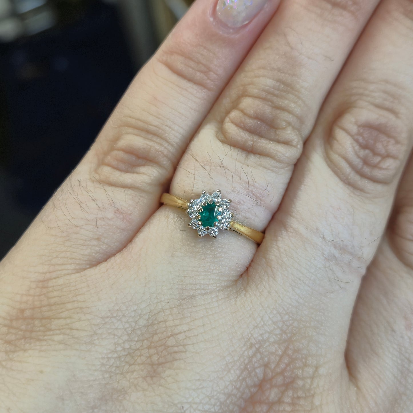 18ct Yellow Gold Traditional Emerald and Diamond Cluster Ring