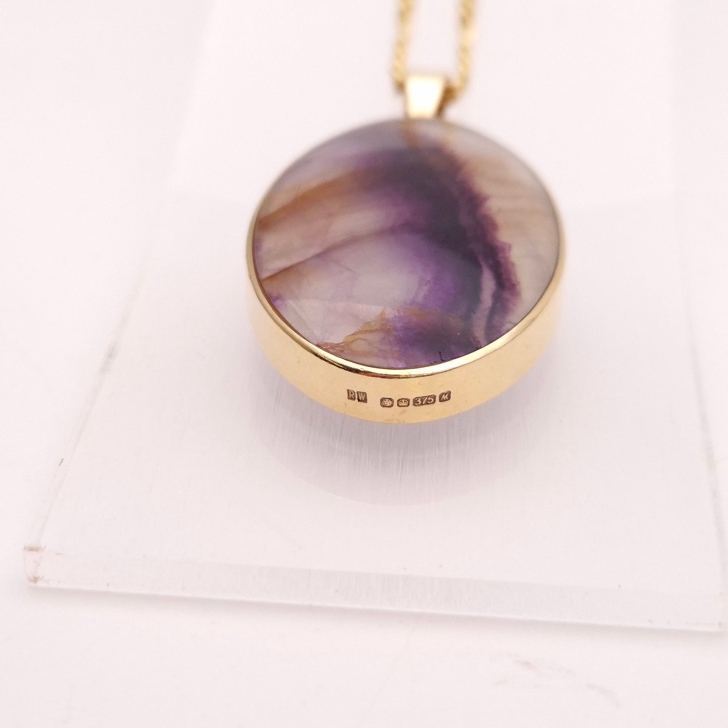 9ct Yellow Gold Large Oval Double-Sided Blue John Pendant and Chain Necklace