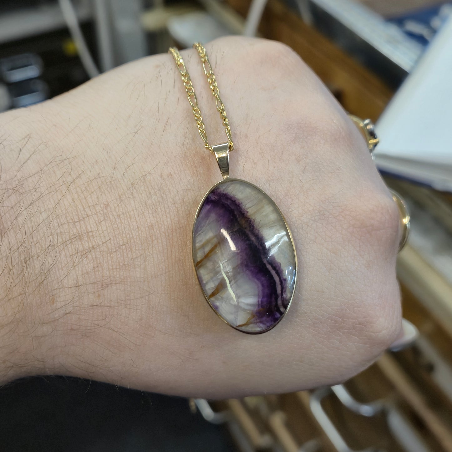 9ct Yellow Gold Large Oval Double-Sided Blue John Pendant and Chain Necklace
