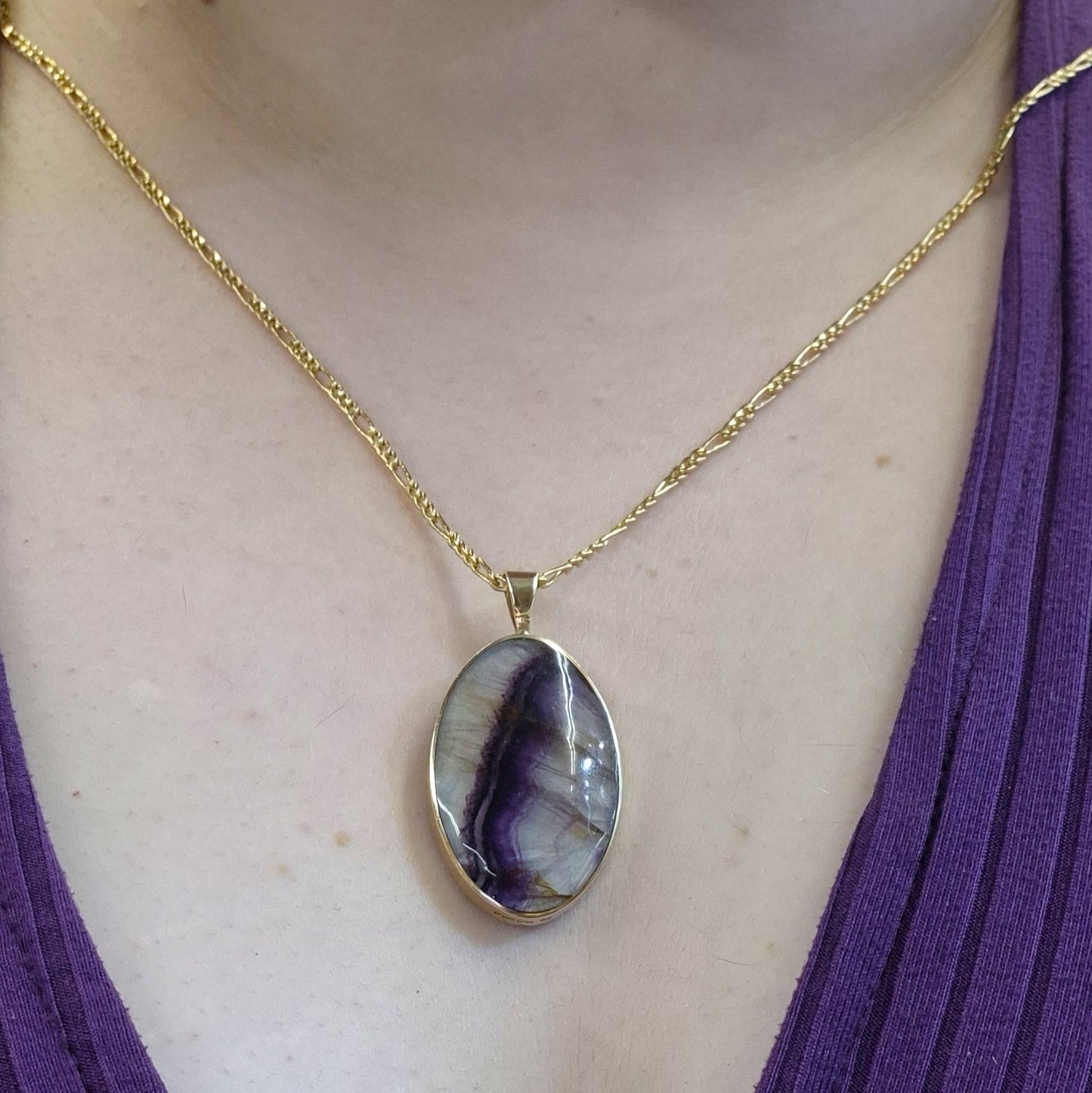 9ct Yellow Gold Large Oval Double-Sided Blue John Pendant and Chain Necklace
