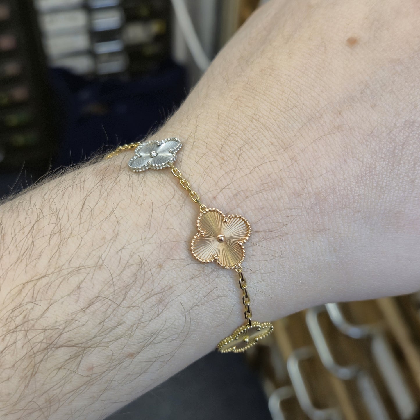 18ct Tri-Colour Gold Van Cleef and Arpels Alhambra 5 Motif Bracelet