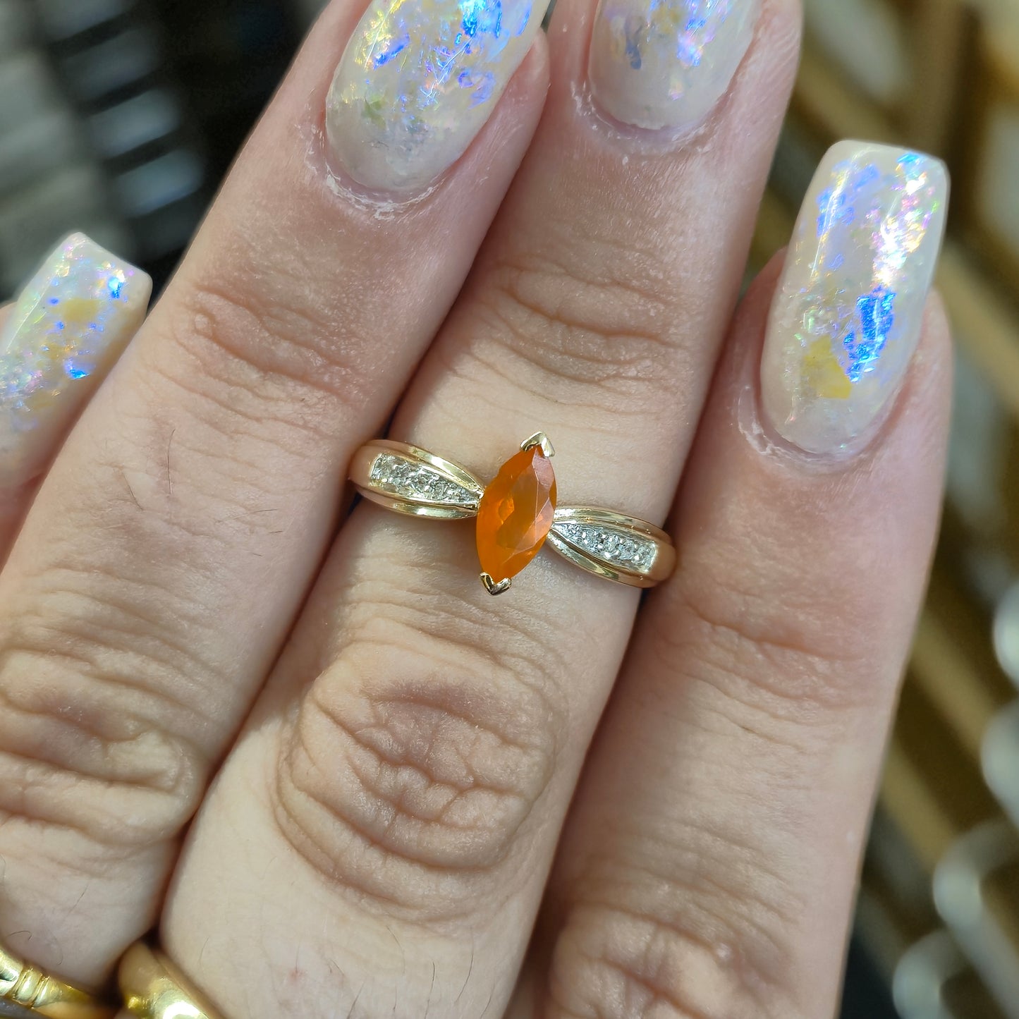 9ct Yellow Gold Fire Opal and Diamond Multi-Stone Ring (AF)