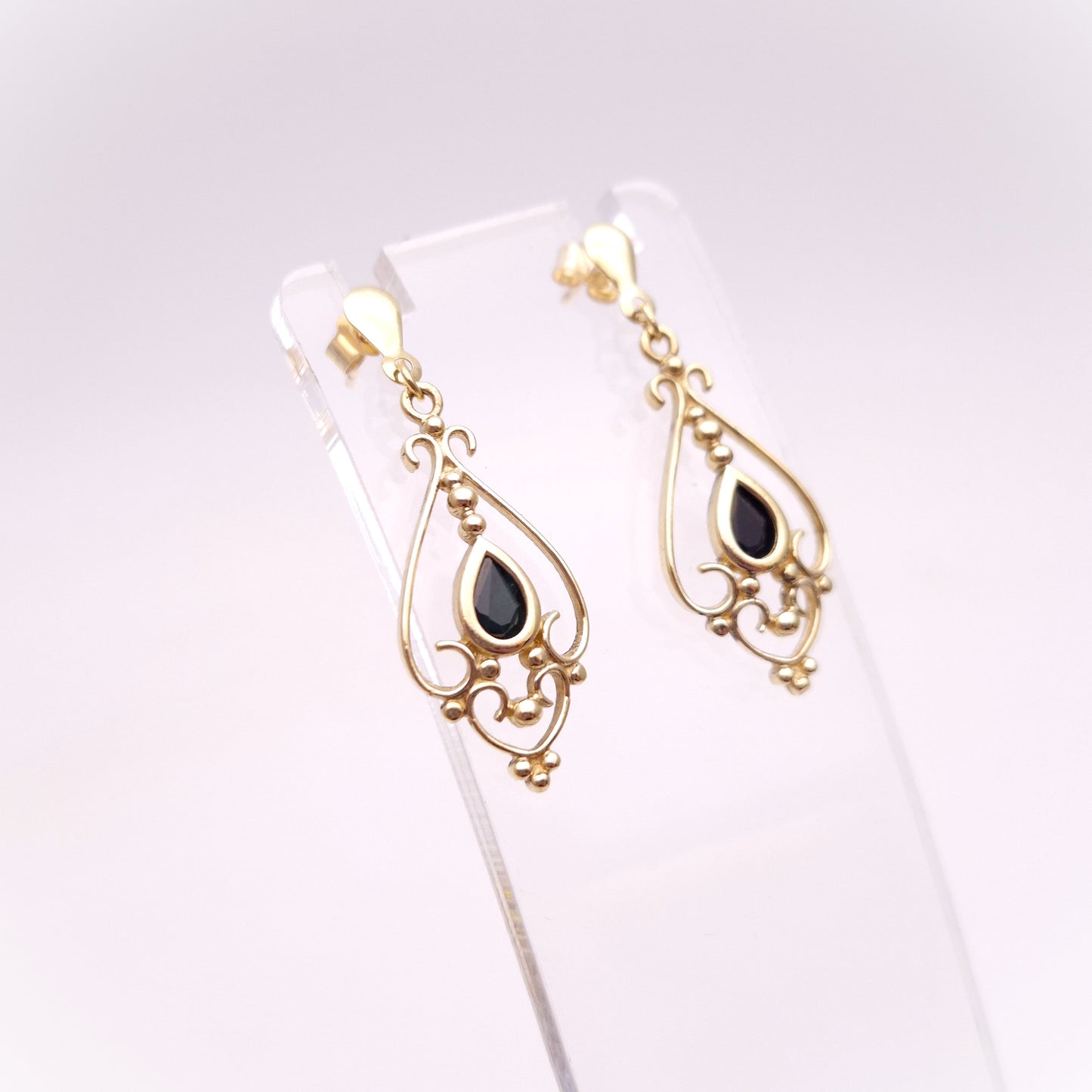 9ct Yellow Gold Openwork Teardrop Sapphire Drop Earrings