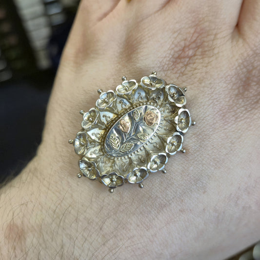 Sterling Silver and Gold Floral Antique 1883 Floral Patterned Brooch