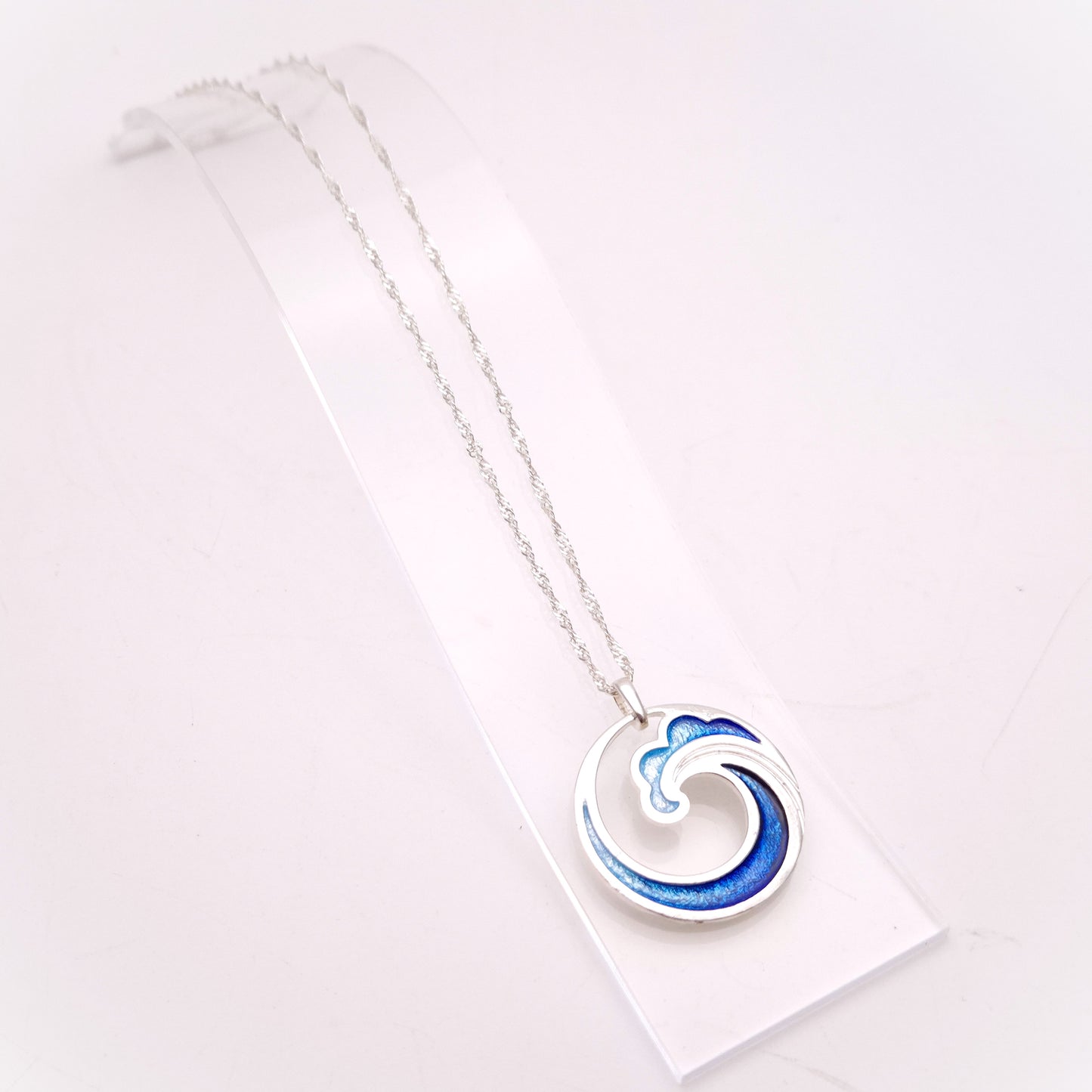 Sterling Silver Multi-Tone Blue Enamel Wave Pendant and Chain Necklace