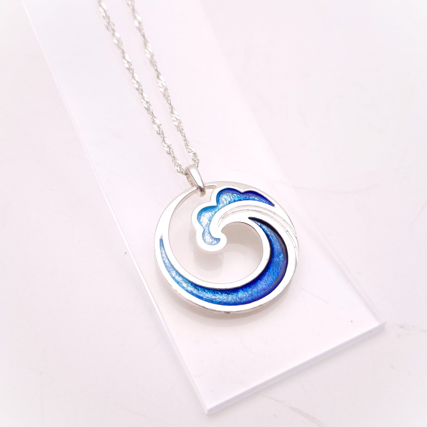 Sterling Silver Multi-Tone Blue Enamel Wave Pendant and Chain Necklace