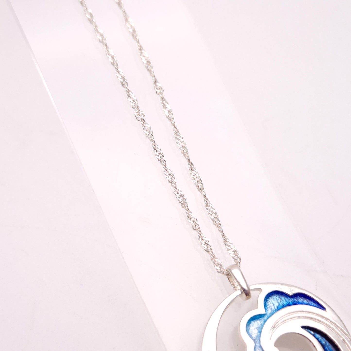 Sterling Silver Multi-Tone Blue Enamel Wave Pendant and Chain Necklace