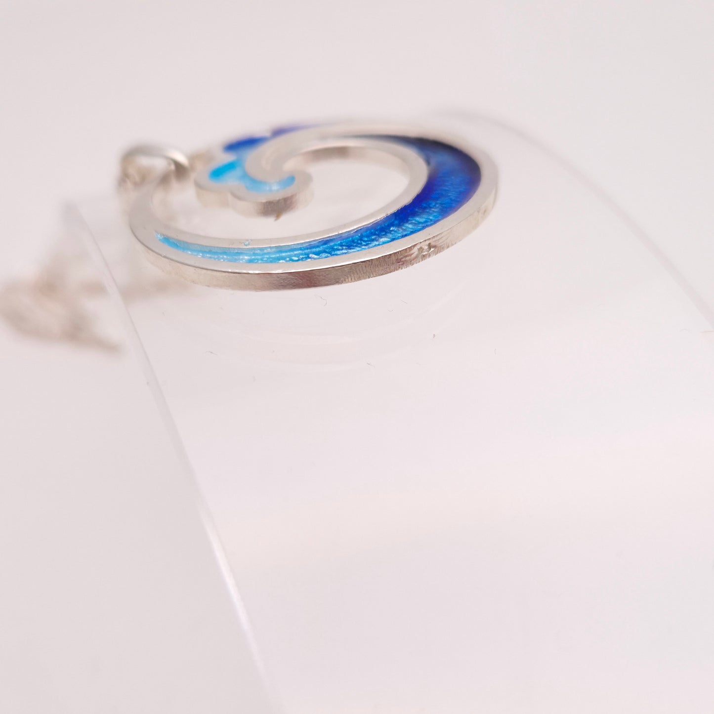 Sterling Silver Multi-Tone Blue Enamel Wave Pendant and Chain Necklace